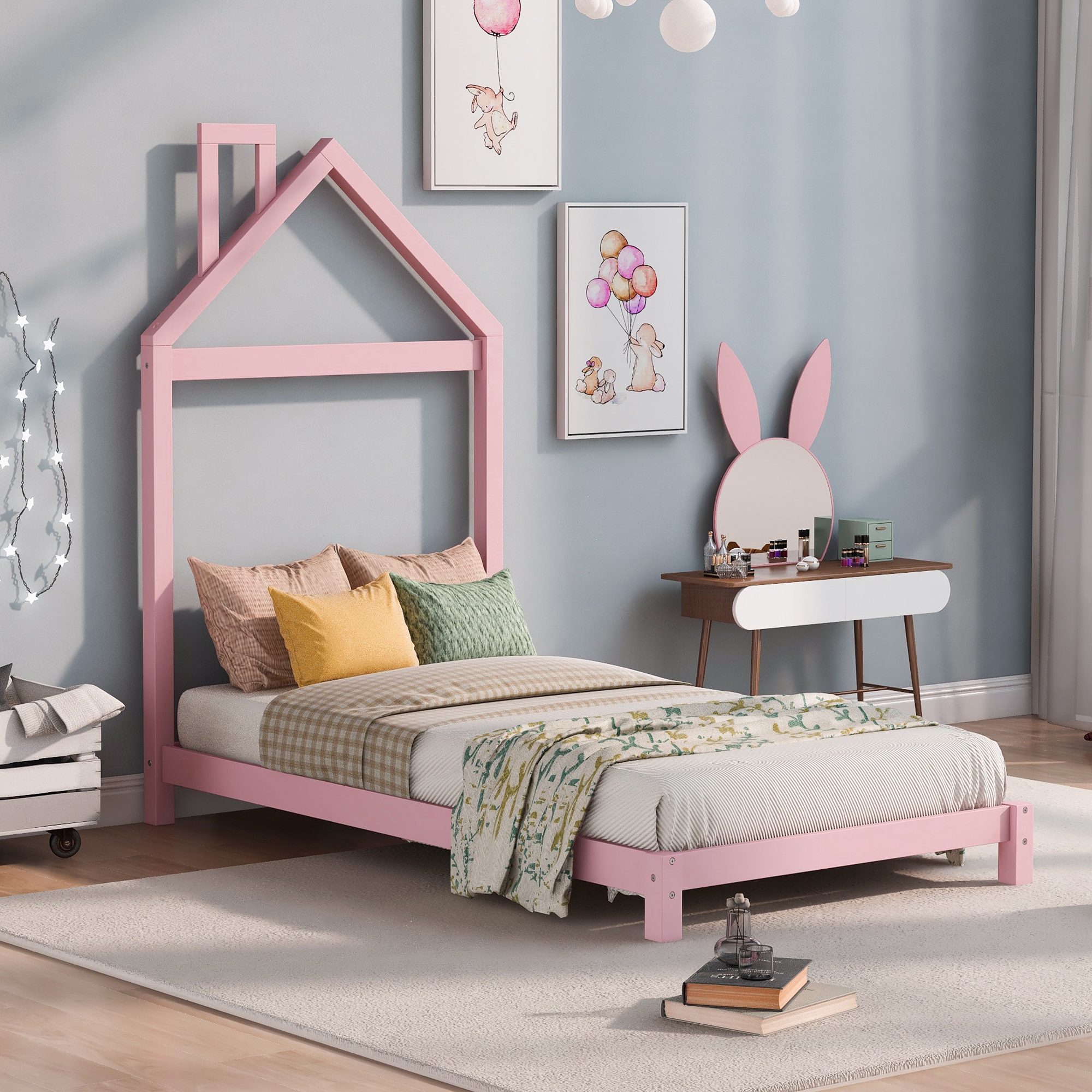 ModernLuxe WF282820AAH Twin Size Wood Platform Bed with Houseshaped Headboard  Pink