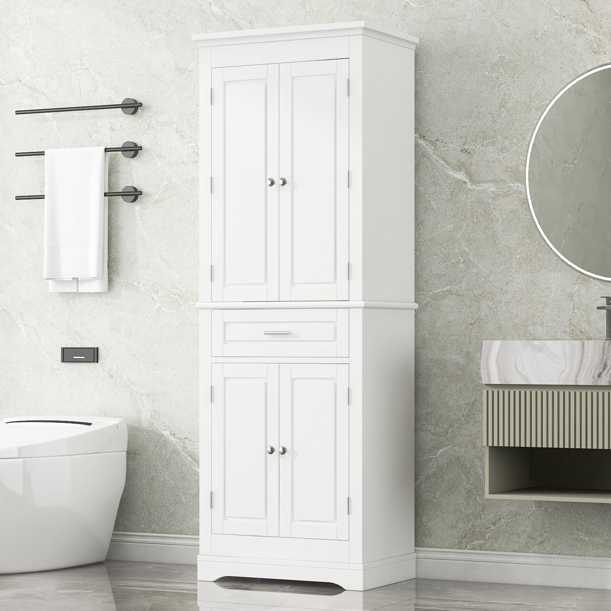 ModernLuxe Assembly Required Tall Bathroom Storage Cabinet with MultiFunctional Storage Space 4 Doors and 1 Drawer with Slide Rails Adjustable Shelf Metal Handles White #L3P-N725P506984K