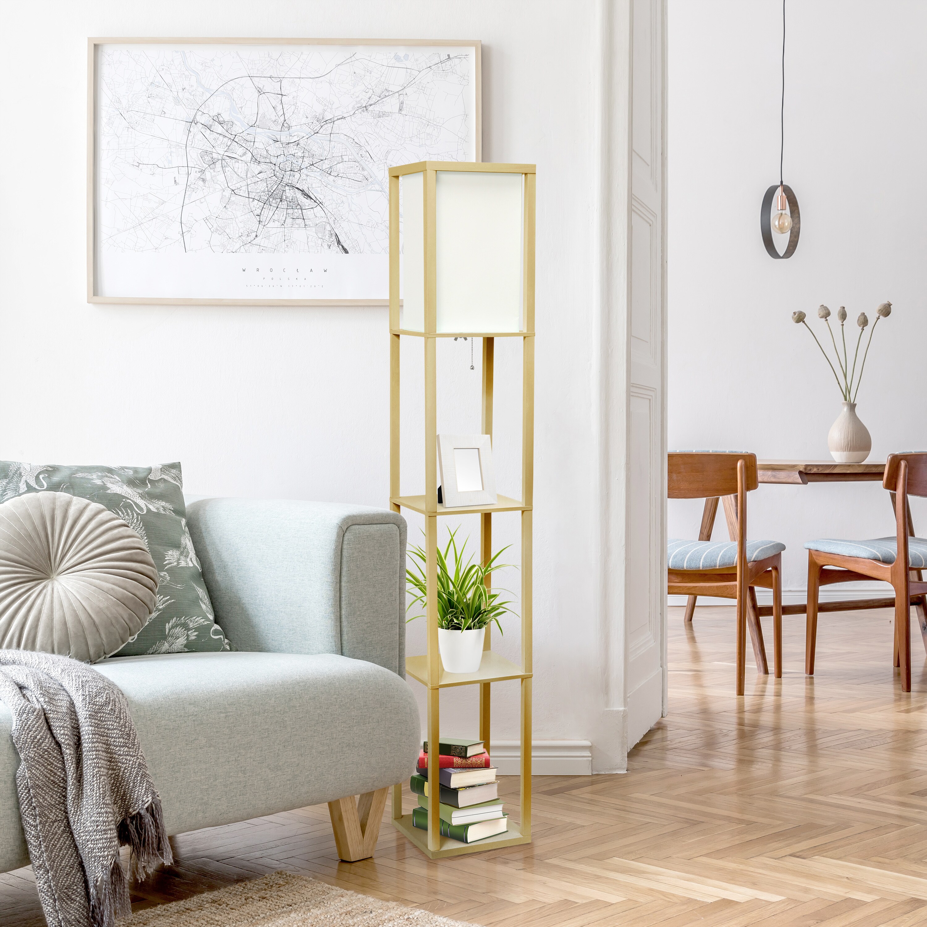 Tan Mixed Material Shelf Floor Lamp with Linen Shade