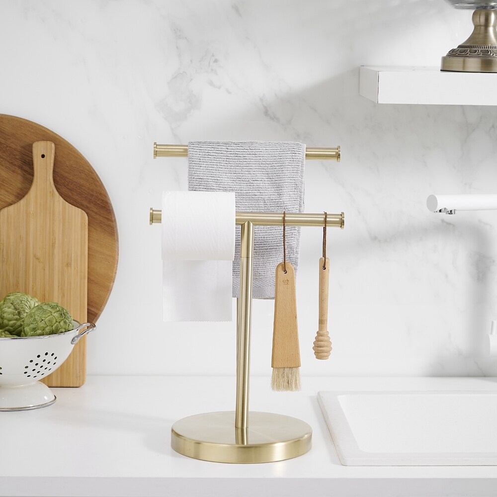 BWE Brushed Gold Freestanding Double Post Toilet Paper Holder with Storage  in the Toilet Paper Holders department at