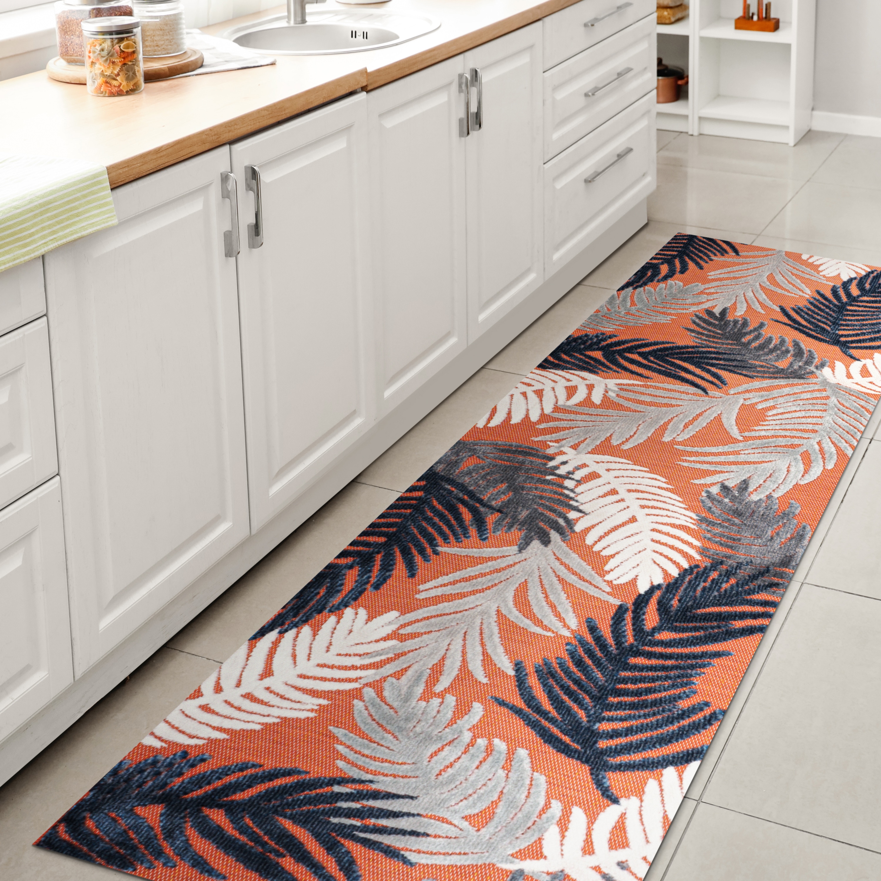 JONATHAN  Y HWC101A-28 Hawaii Montego High-Low Tropical Palm 2 x 8 (ft) Loomed Polypropylene Orange/Navy/Ivory Rectangular Indoor/Outdoor Floral/Botanical Coastal Runner rug
