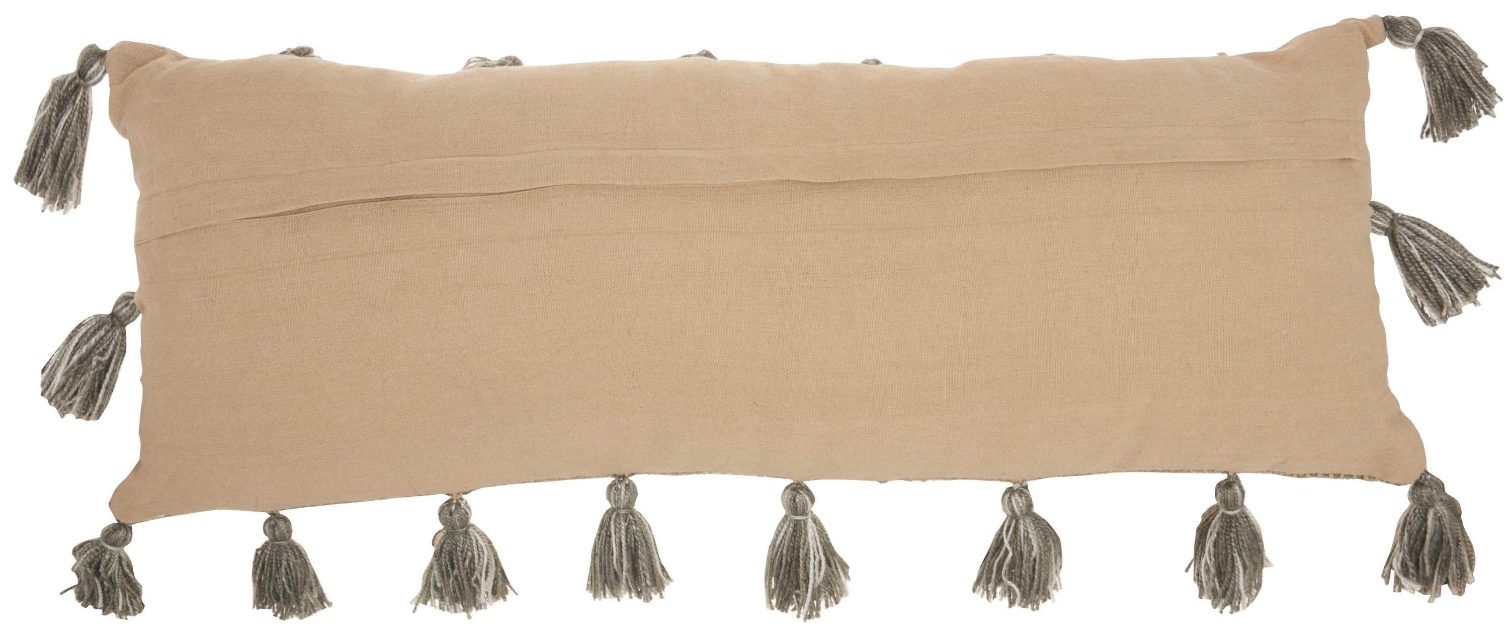 Charcoal Gray Linen-Textured Lumbar Throw Pillow with Tassels, 13"x33"