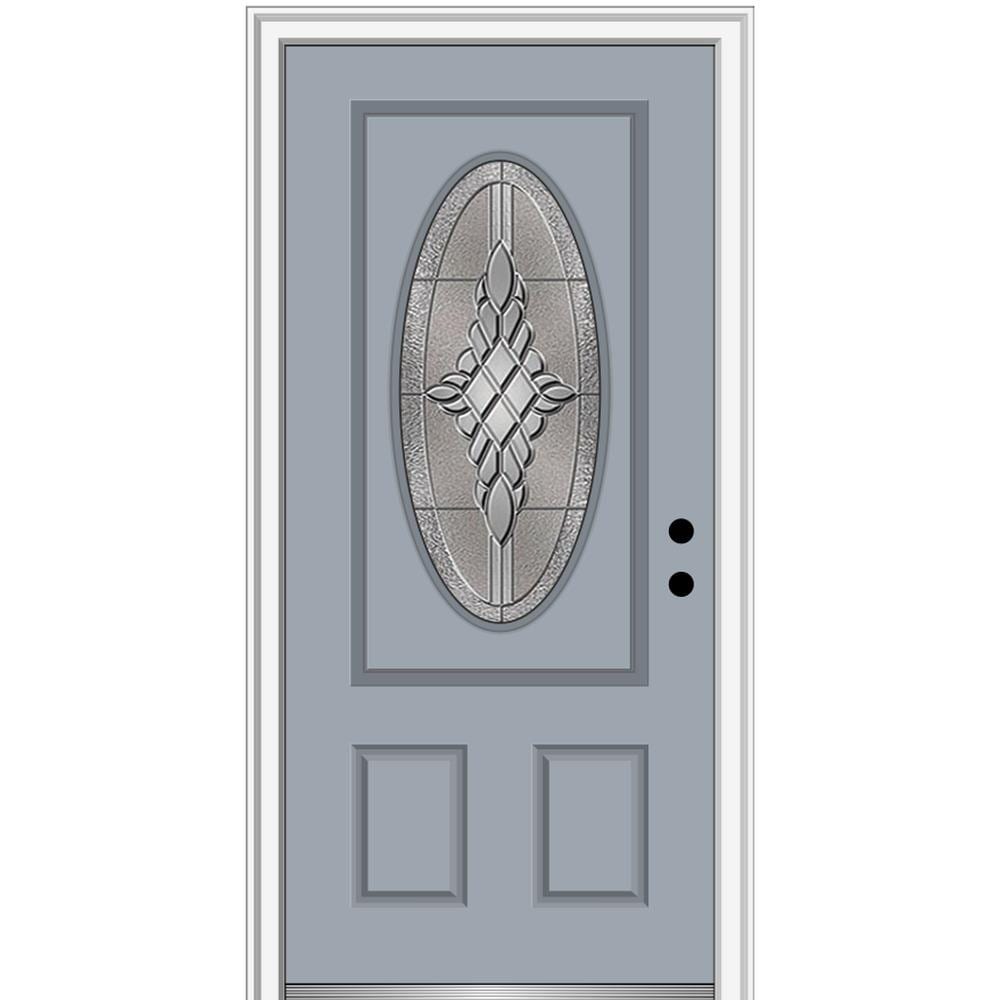 MMI DOOR ZZ3667758L 36-in x 80-in x 6-9/16-in Fiberglass Oval lite Left-hand inswing Storm Cloud Painted Prehung Front Door with Brickmould Insulating core