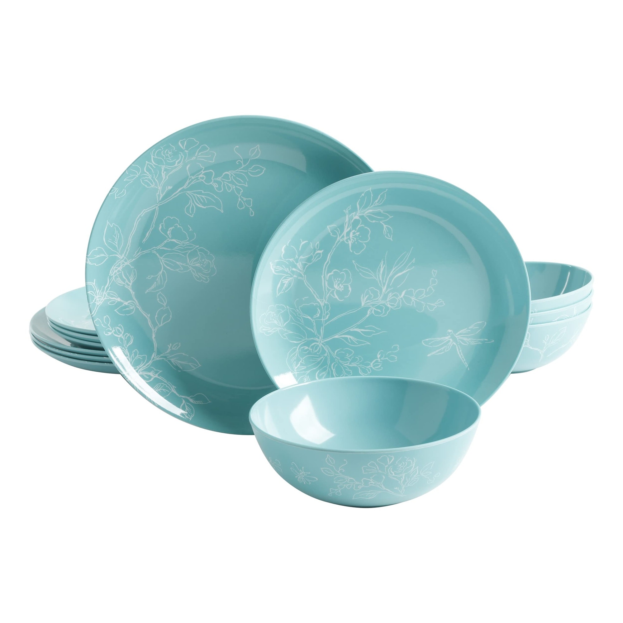 Aoibox  12 Piece Melamine Dinnerware Set Service for 4 Teal Dragonfly Design BPA Free Dishwasher Safe
