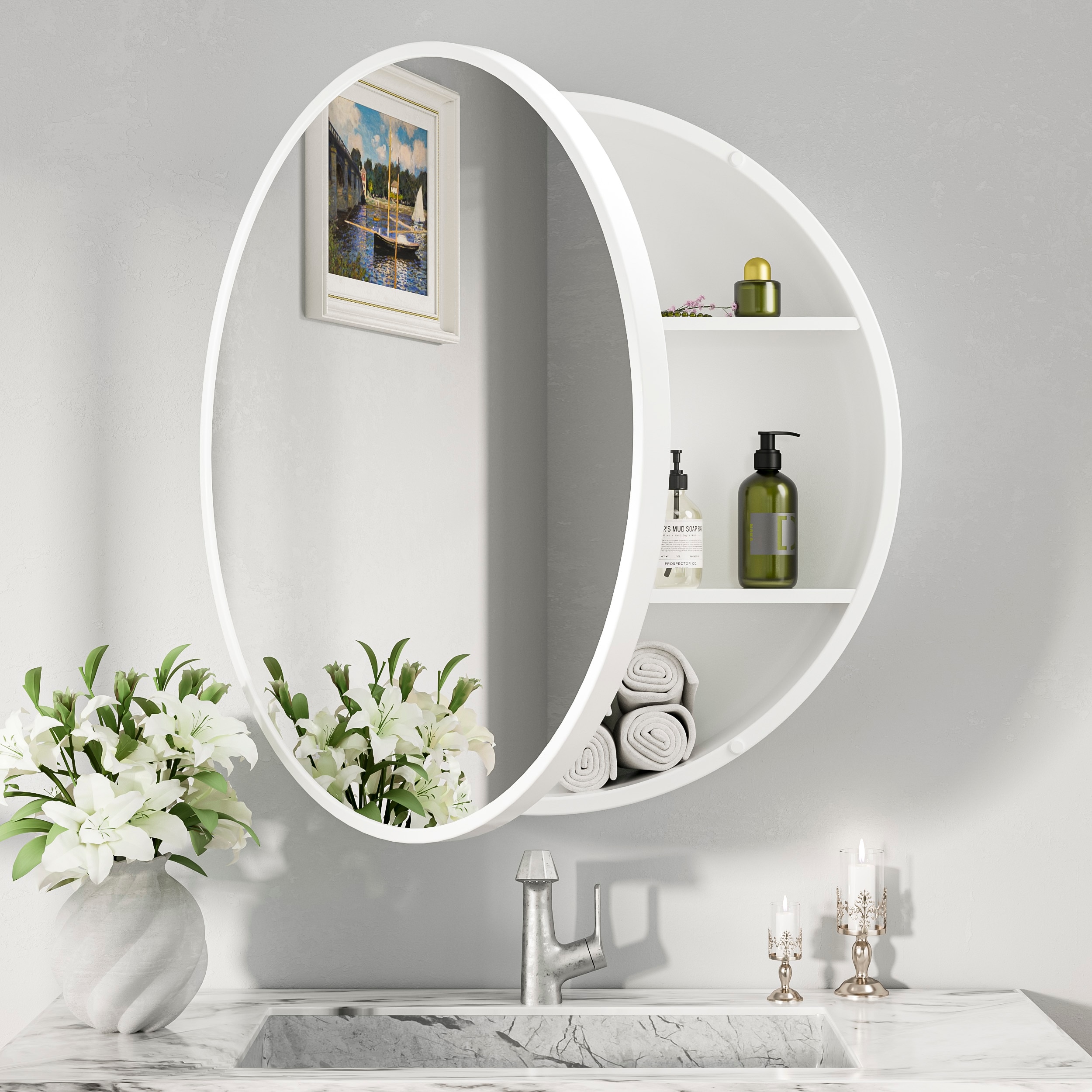 Keonjinn LW-JSKJG-R76SI 30-Inches x 30-Inches Surface Mount White Mirrored Round Soft Close Medicine Cabinet