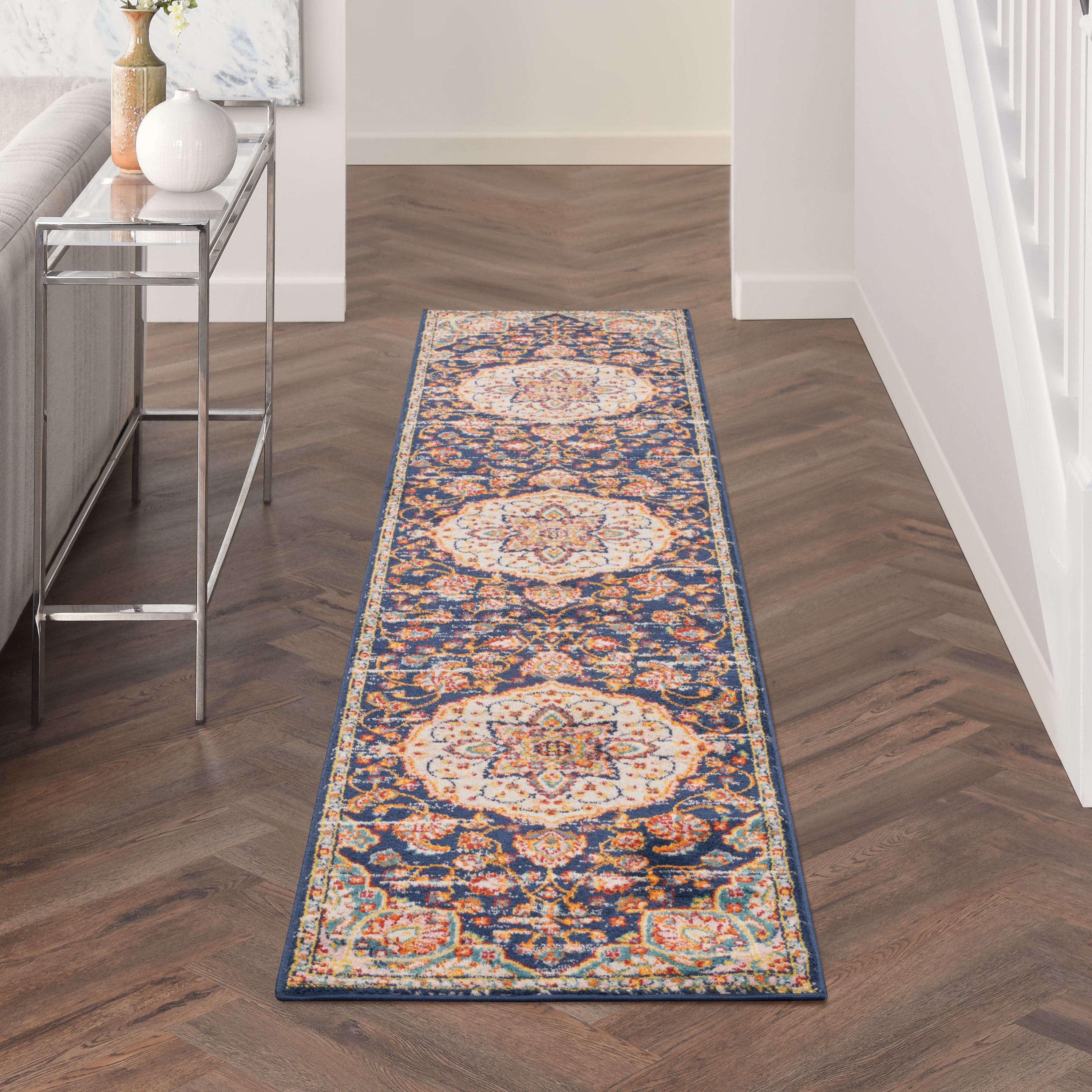 Nourison 099446018809 Passion 2 x 10 (ft) Loomed Polypropylene Navy Multicolor Rectangular Indoor Medallion Vintage Runner rug