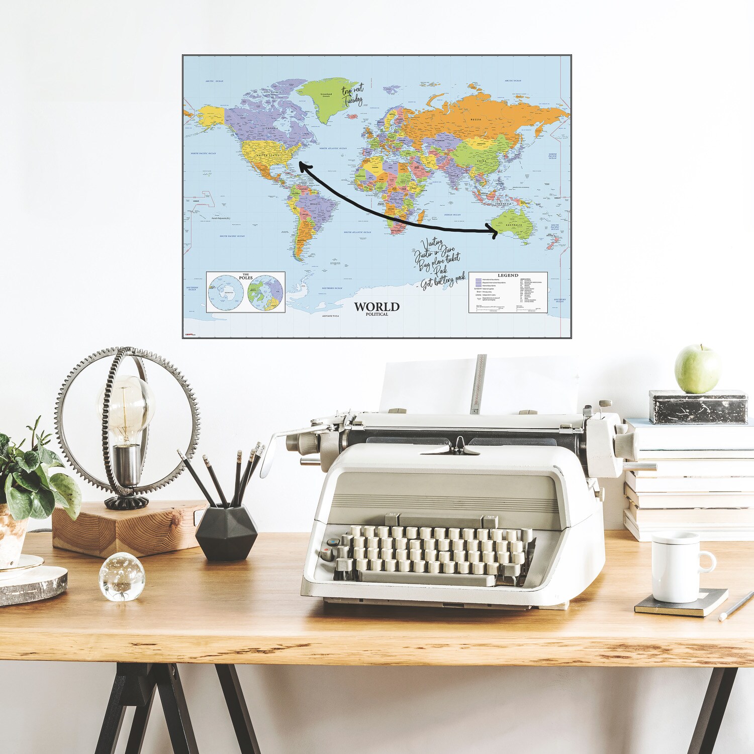 Dry Erase World Map Peel and Stick Reusable Wall Decal