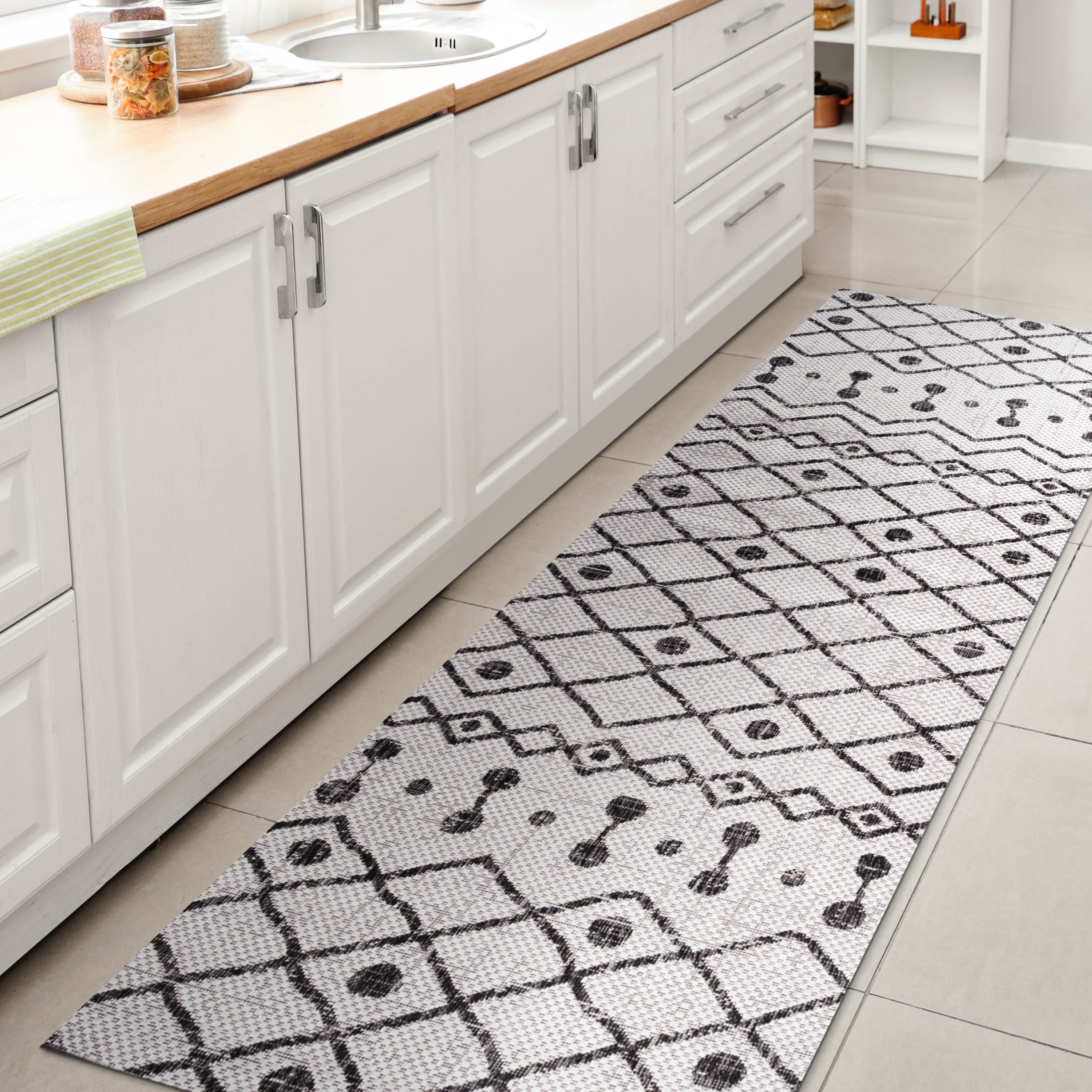 Black and Ivory Geometric Synthetic Runner Rug, 2x10 Feet