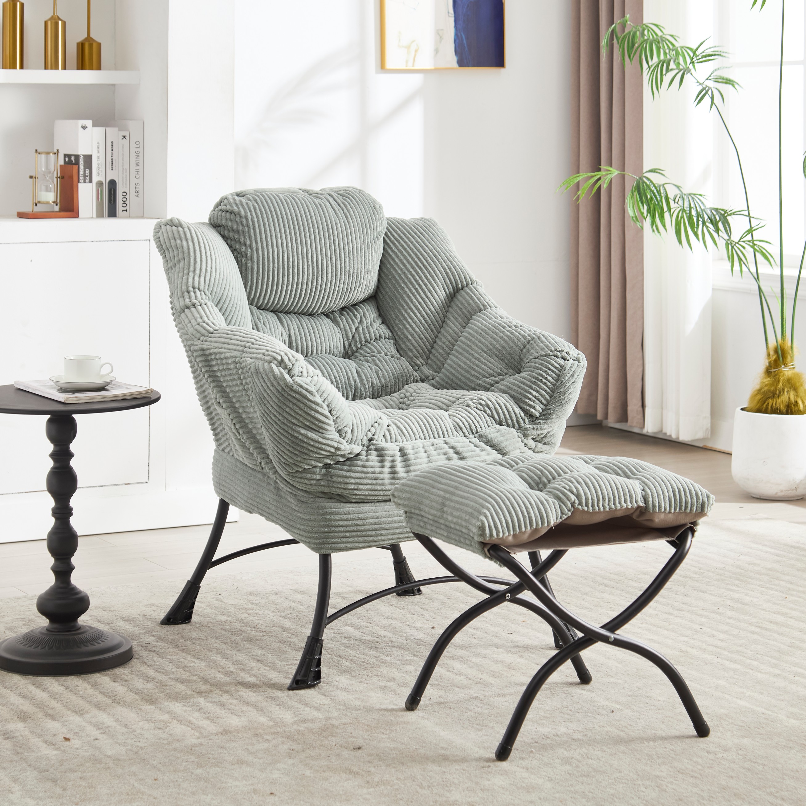 LOVMOR SF-Y-W640P271556 Lazy Chair with Ottoman Modern Lounge Accent Chair with Armrests and a Side Pocket Leisure Upholstered Sofa Chair Reading Chair with Footrest for Small Space in Light green