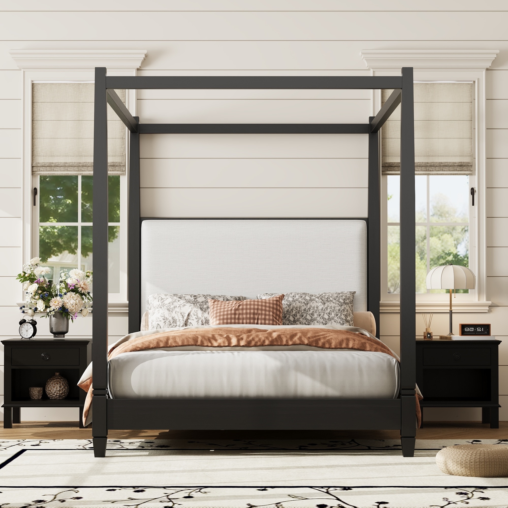 GDFStudio Black Queen Size Canopy Platform Bed with Off White Upholstered Headboard and Classic Canopy Structure