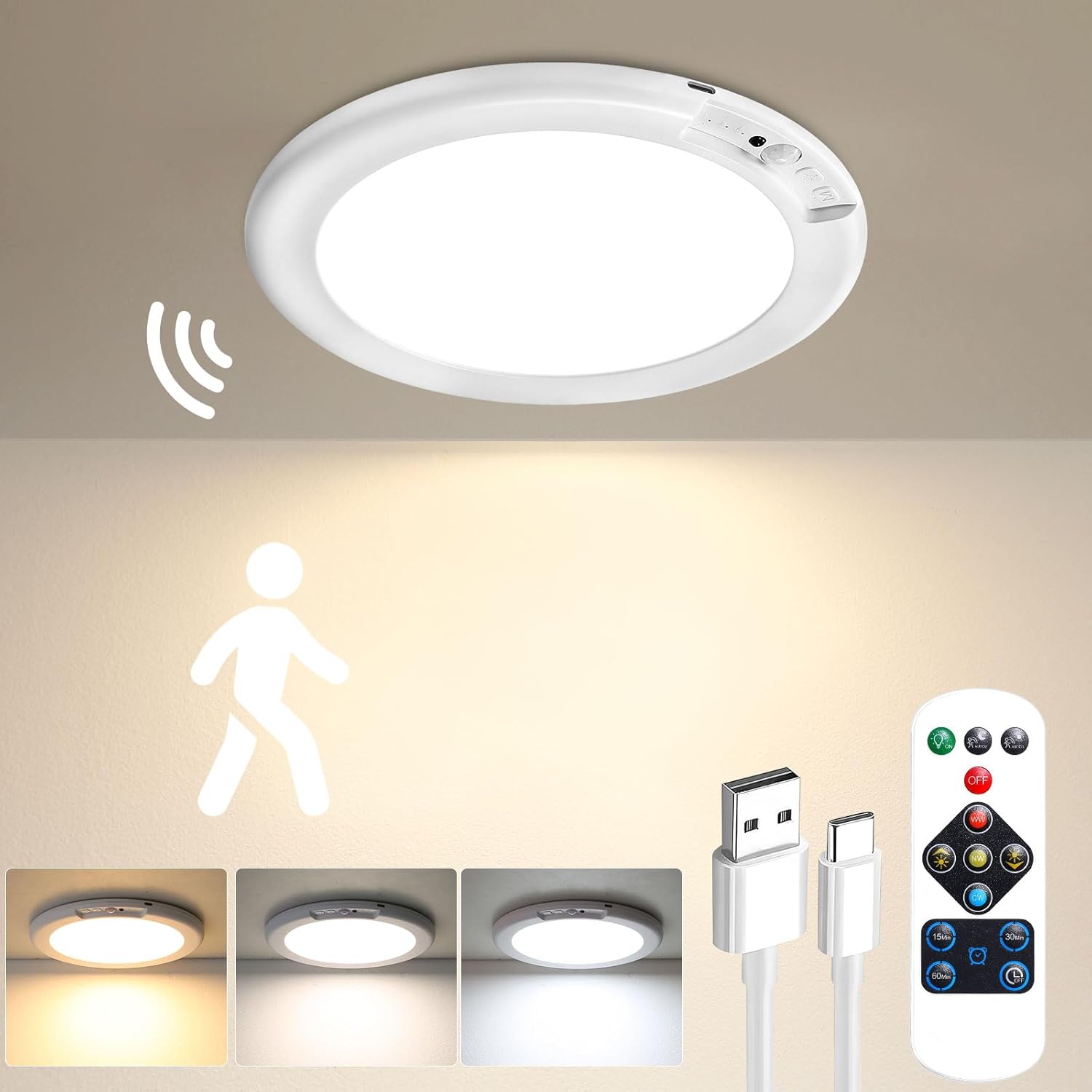 Slagawa  White Rechargeable Motion Sensor Ceiling Light with Remote 400 Lumen 8000mAh Battery Powered Magnetic Wireless for Closet Shower Stairs Shed Hallway