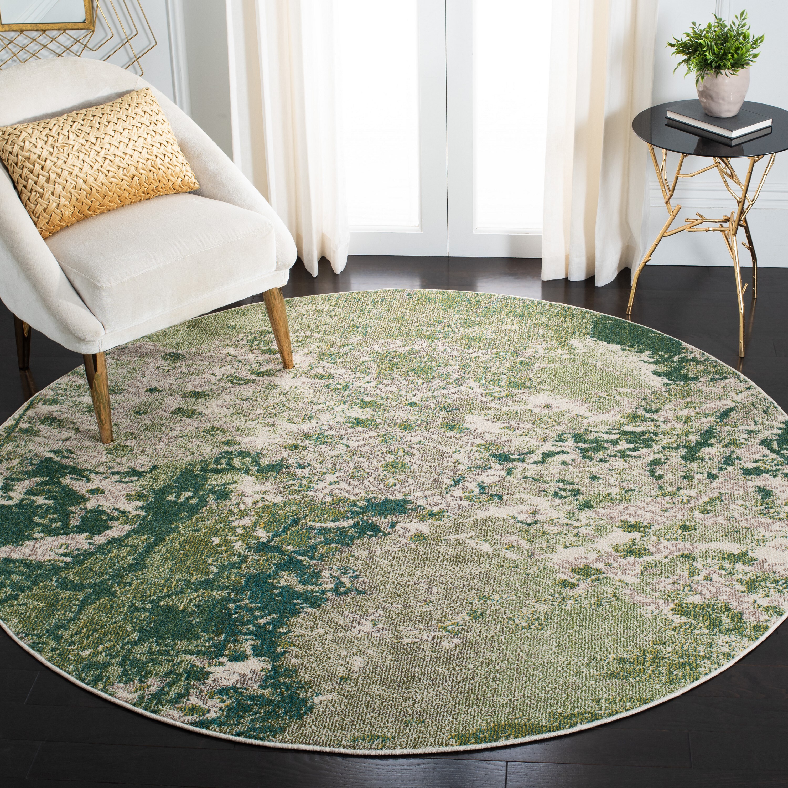 Safavieh MAD499Y-7R Madison 7 x 7 (ft) Loomed Polypropylene Green/Ivory Round Indoor Abstract Bohemian/Eclectic Area rug