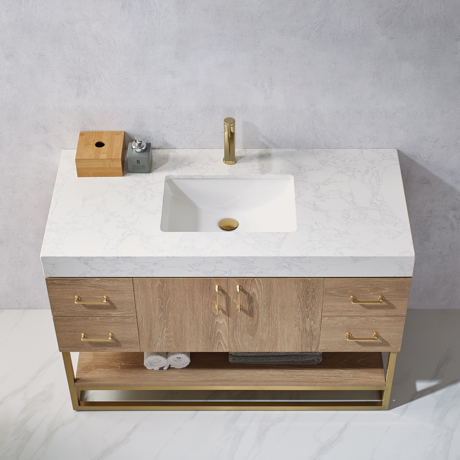 48 Inch Oak Single Vanity with White Stone Top and Brushed Gold Trim