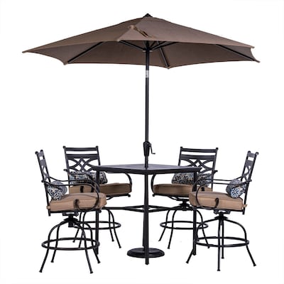 Hanover Montclair 5 Piece Brown Bar, Outdoor High Top Table With Umbrella