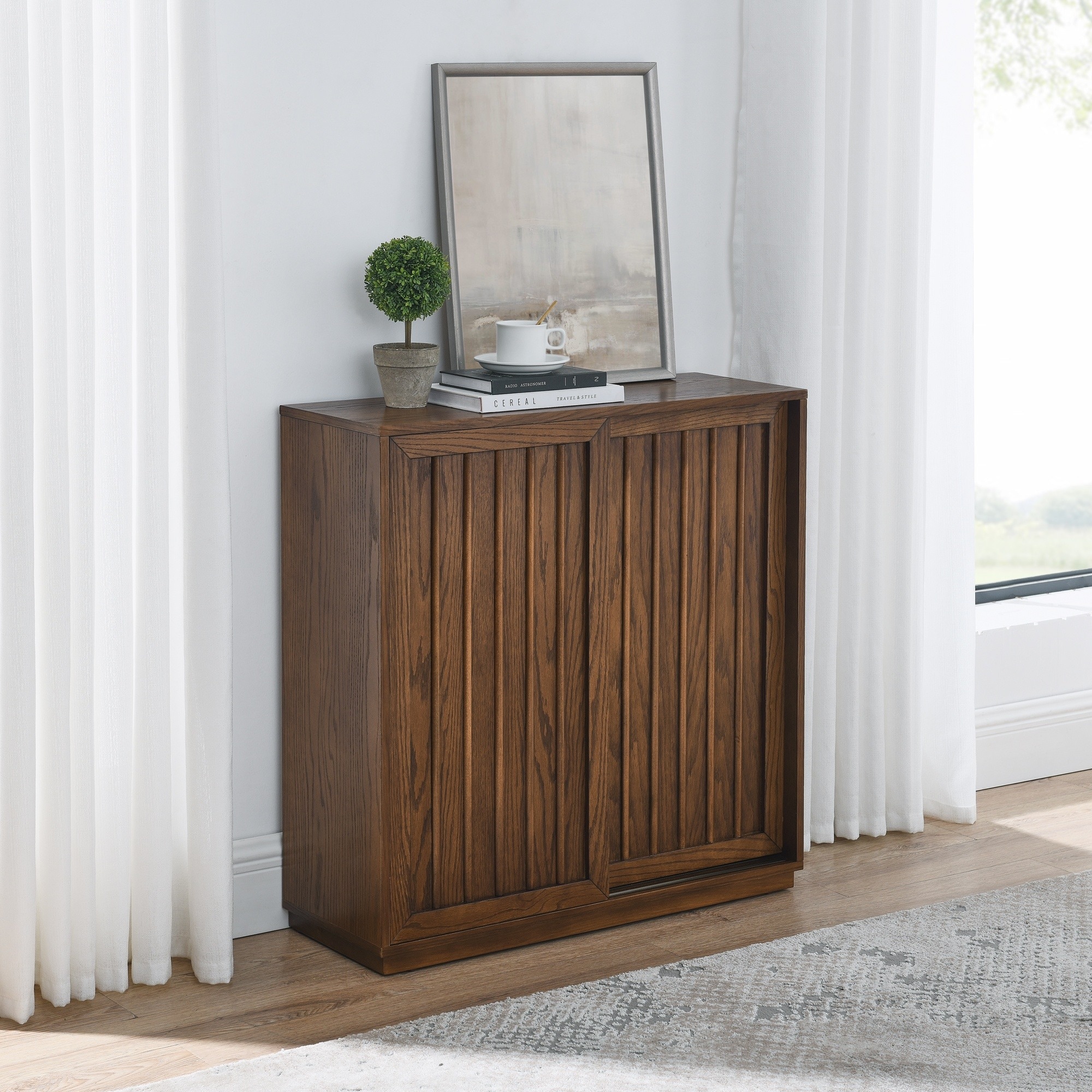 Horizons Prime - 32 inch x 12 inch x 33 inch Walnut MDF Mid Century Sideboard with 2 Sliding Door...