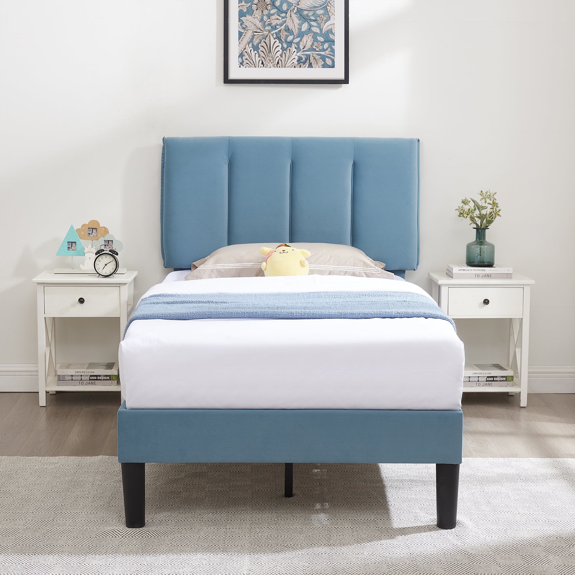 Vecelo LOE-CY-TB04-LBLU Twin Bed Frame with Upholstered Adjustable Headboard Heavy Duty Platform Bed Frame with Strong Wooden Slats Support Light Blue