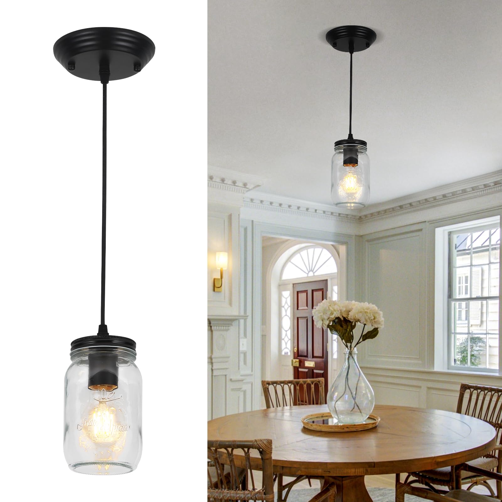 Lukvuzo  Glass Pendant Light Kitchen Island 1 Light Black Pendant Light Fixture with Clear Glass Shade Farmhouse Hanging Light for Dining Room