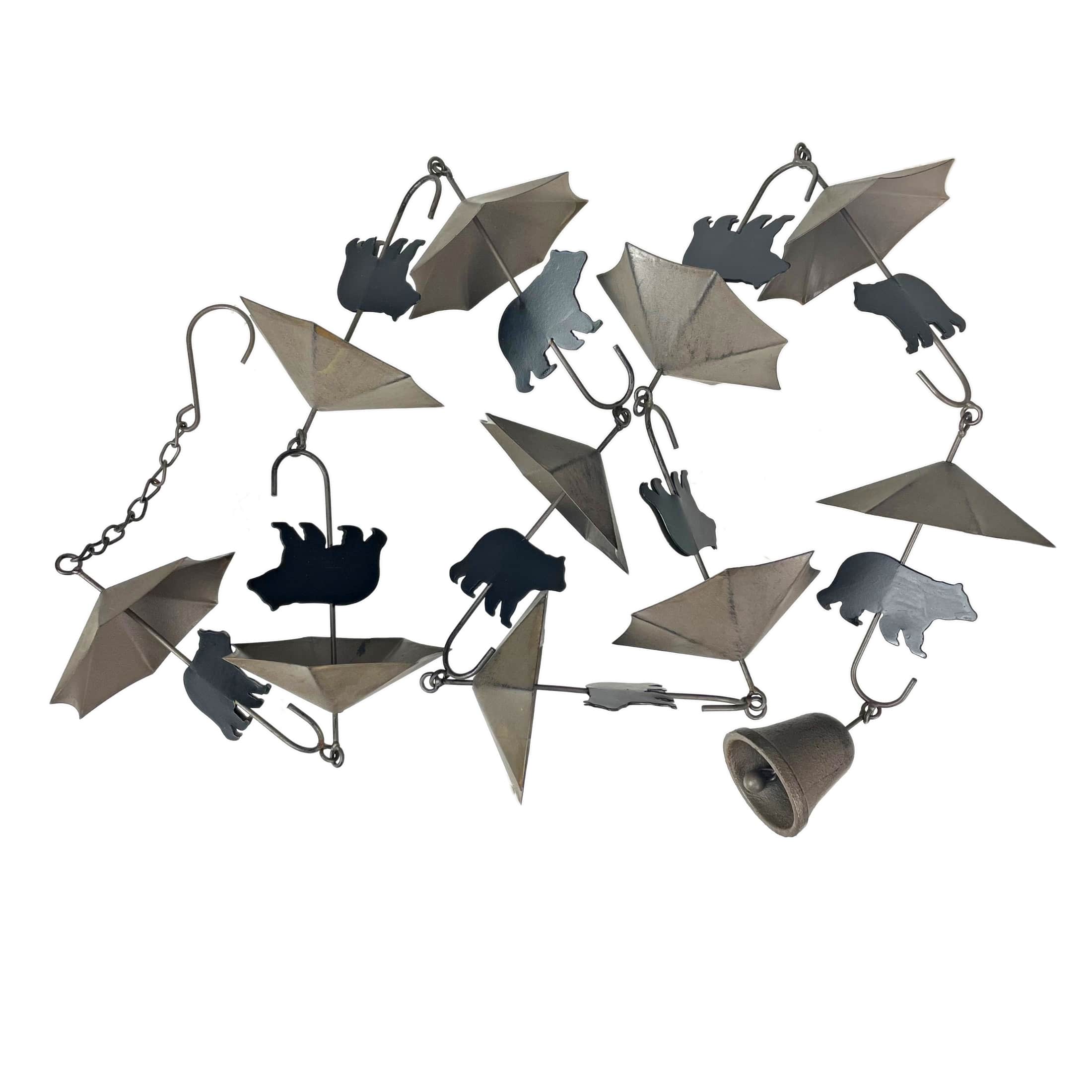 Things2Die4 MRC-54324-CP Rustic Black Bear and Umbrella Rain Chain - 75 inches Long Distressed Copper Finish - 10 Decorative 3D Designs - Weighted Bell for Wind Chime Sound
