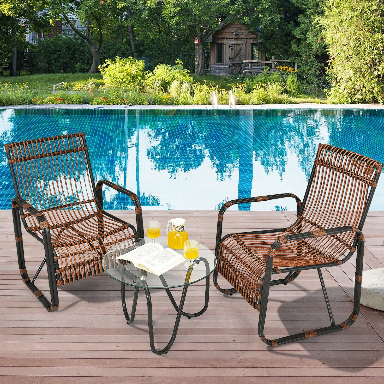 Forclover HBV-HW644 Patio Conversation Sets 3 -Piece Rattan Patio Conversation Set