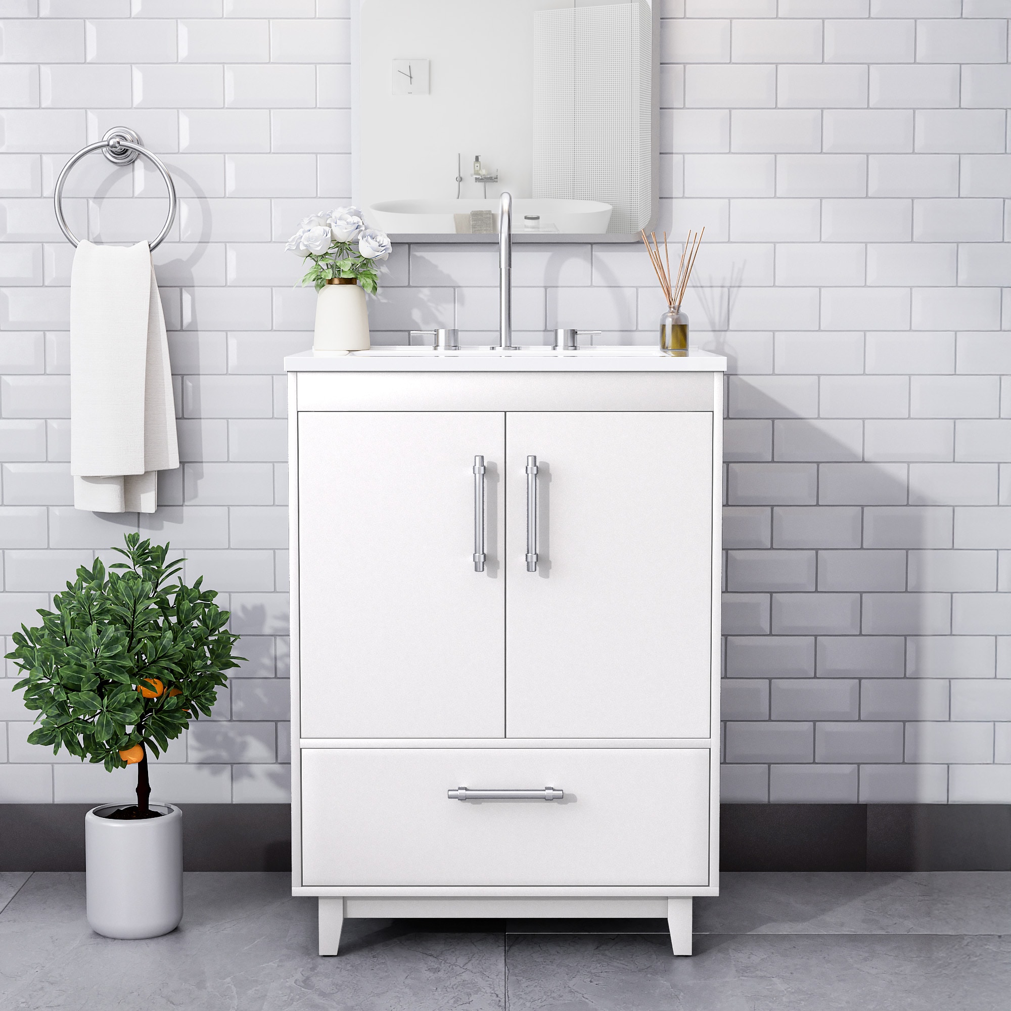 JEAREY HDBY-BE 25-in White Single Sink Bathroom Vanity with White Polymarble Top