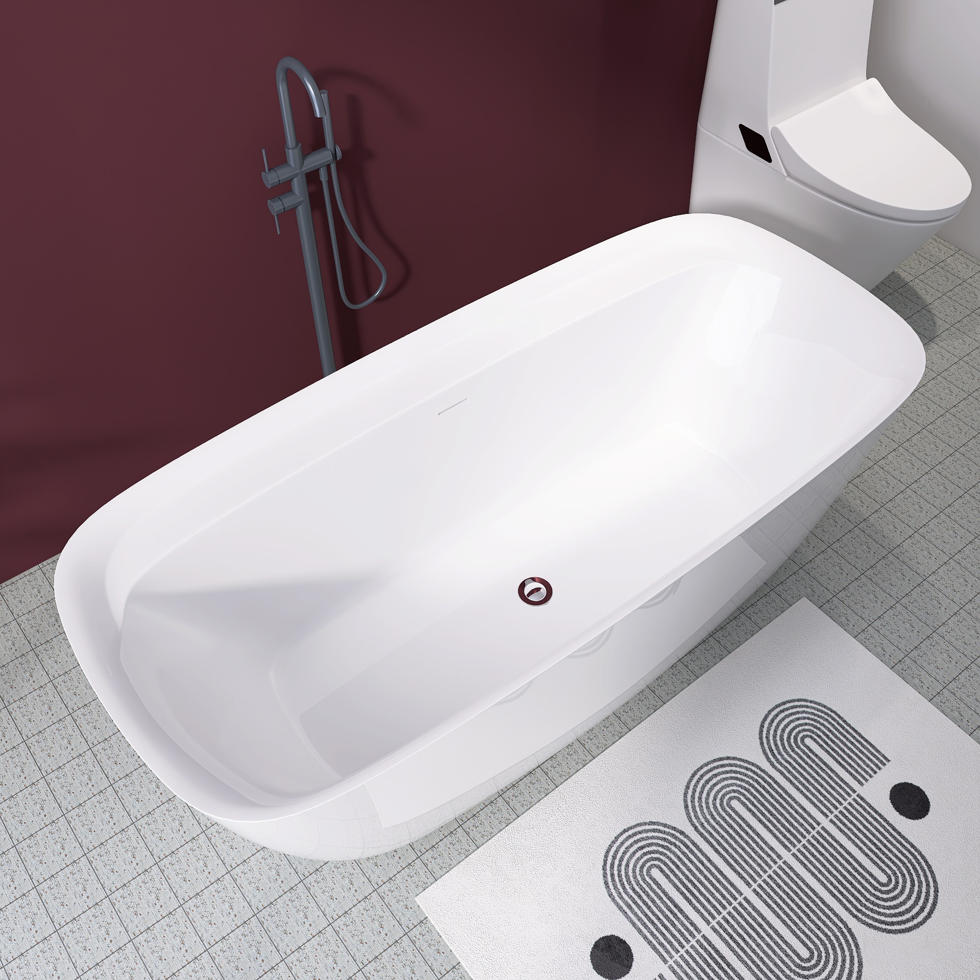 WELLFOR QBT-P346-W67EG 67-in x 30.7-in Glossy White Acrylic Rectangular Freestanding Soaking Bathtub with Drain ( Center Drain )