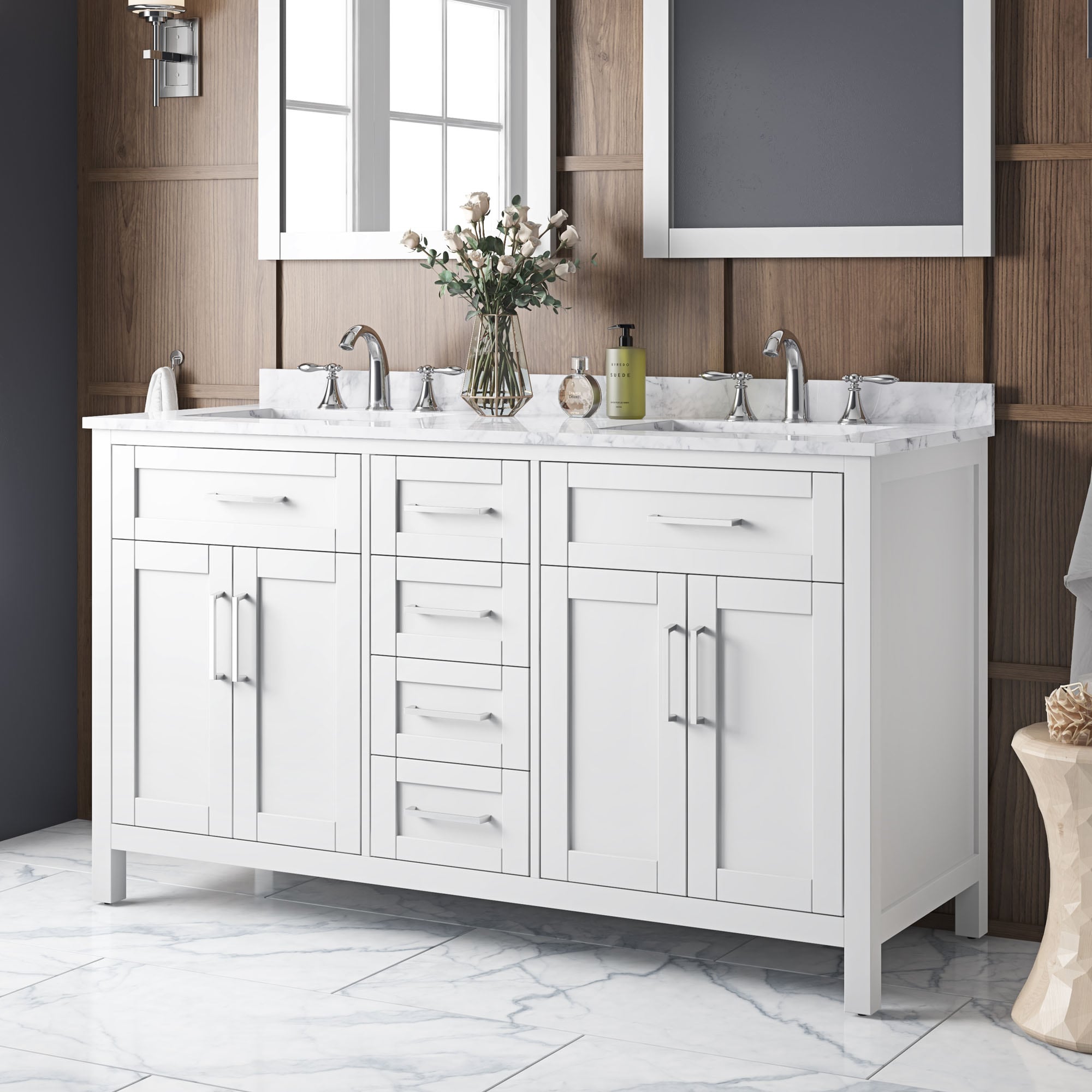 White Double Freestanding Bathroom Vanity with Marble Top