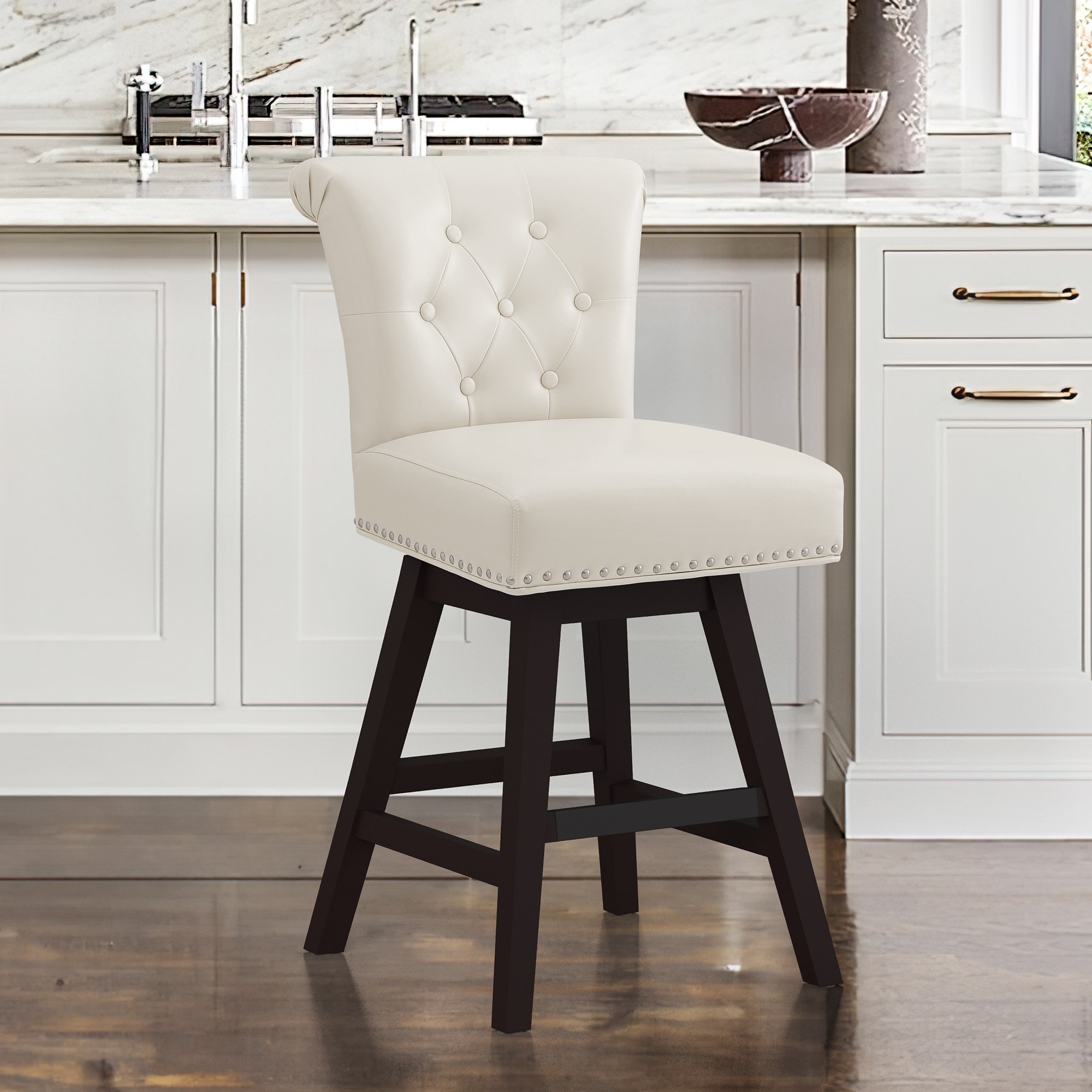 LUE BONA YB-014-04LS Ivory/Faux Leather 25.8-in H Counter height (24-in to 27-in) Square Seat Upholstered Swivel Wood Back Bar Stool Back