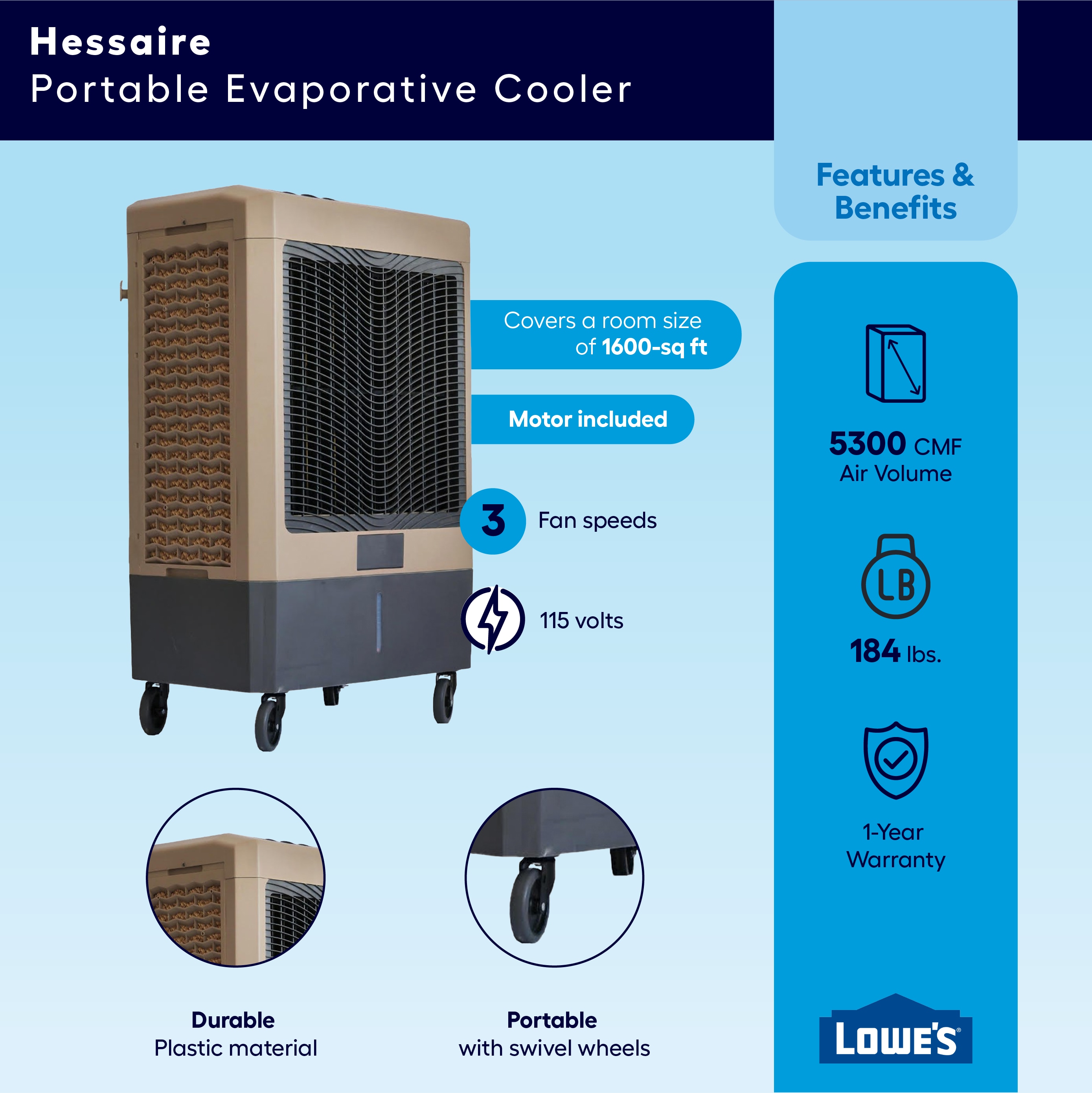 Hessaire 5300-CFM 3-Speed Indoor/Outdoor Portable Evaporative Cooler for 1600-sq ft (Motor Included)