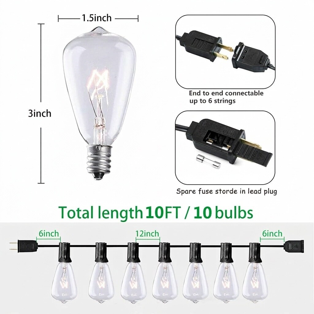Misopily 10 Foot Outdoor String Lights 11 Piece Set E12 Base 7 Watt ...