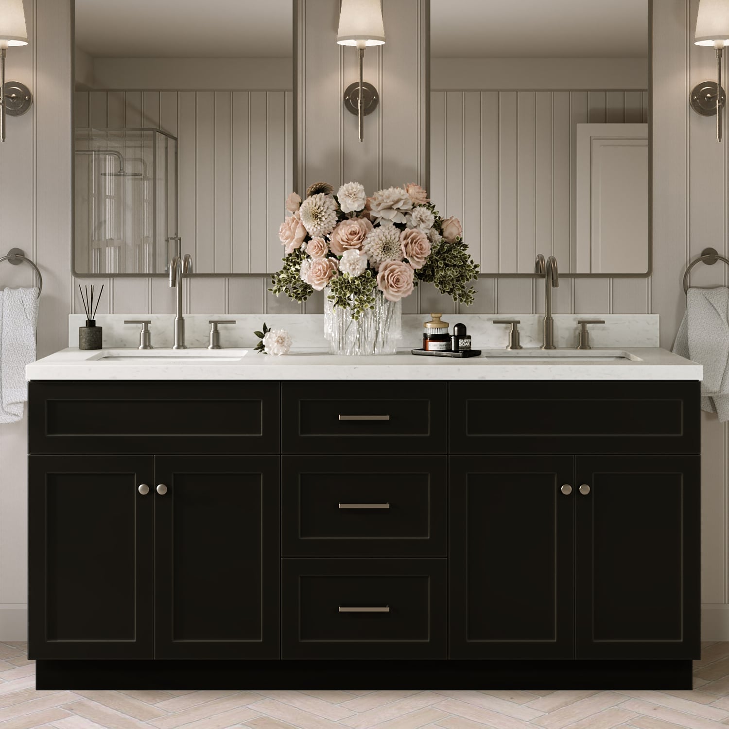 ARIEL Hamlet 72-in Black Undermount Double Sink Bathroom Vanity with Carrara White Quartz Quartz Top