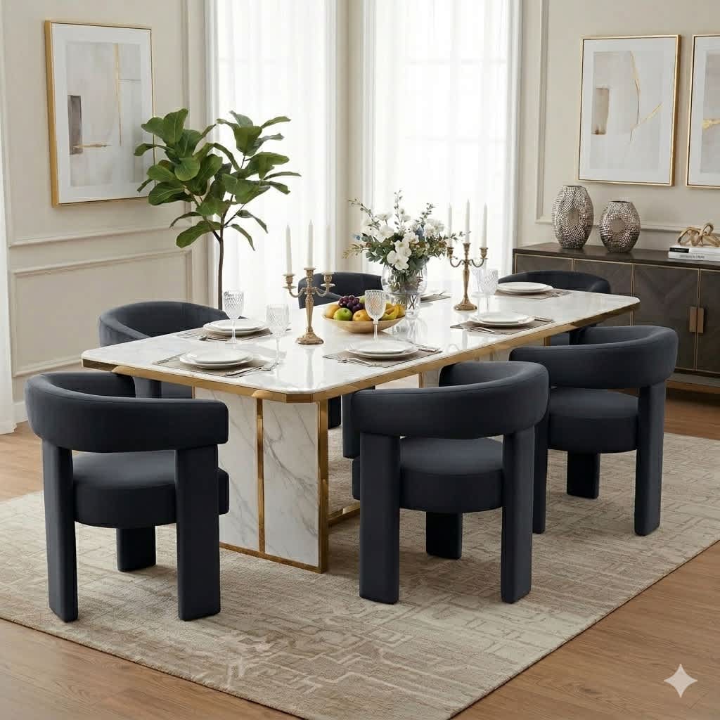 SEYNAR -  Modern Velvet Dining Chair Set of 6 Upholstered Barrel Armchair with Curved Back and Th...