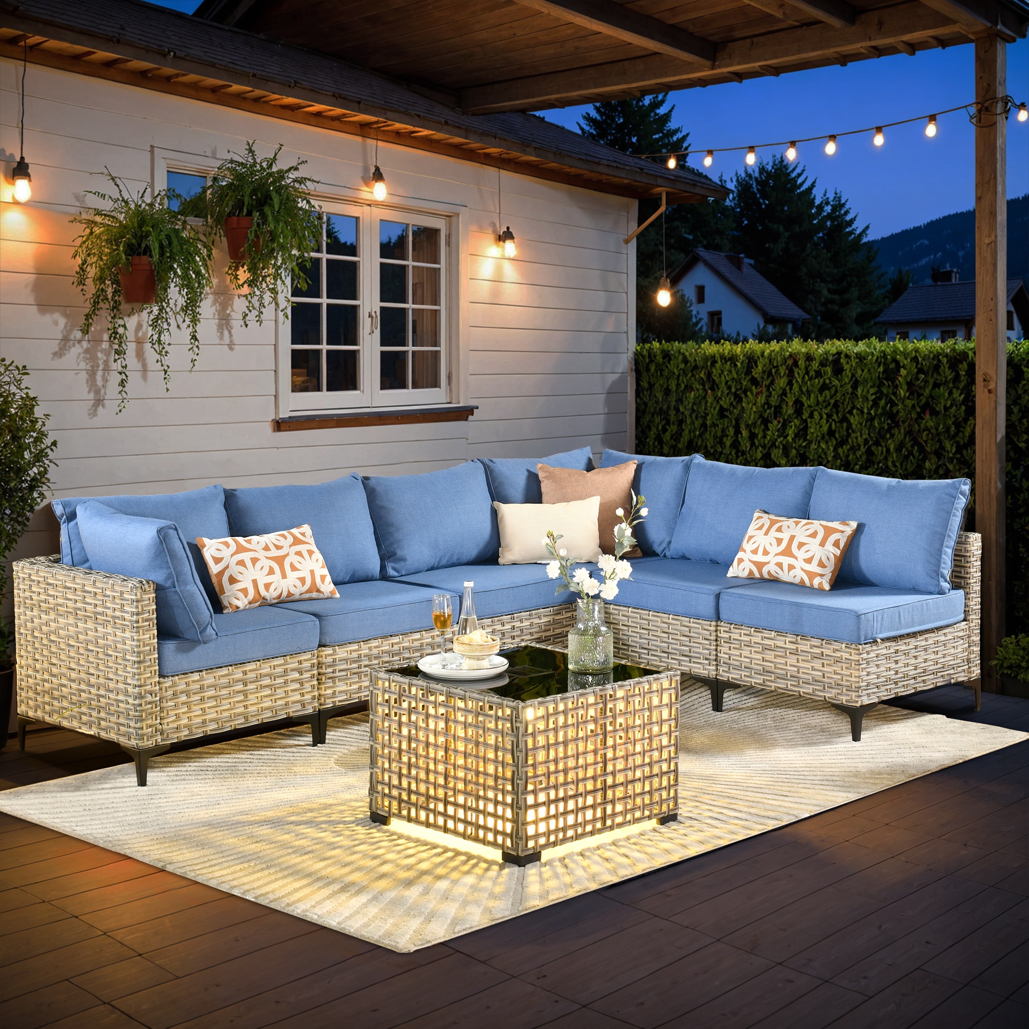 Ovios SK507 7 -Piece Wicker Patio Conversation Set with Blue Cushions