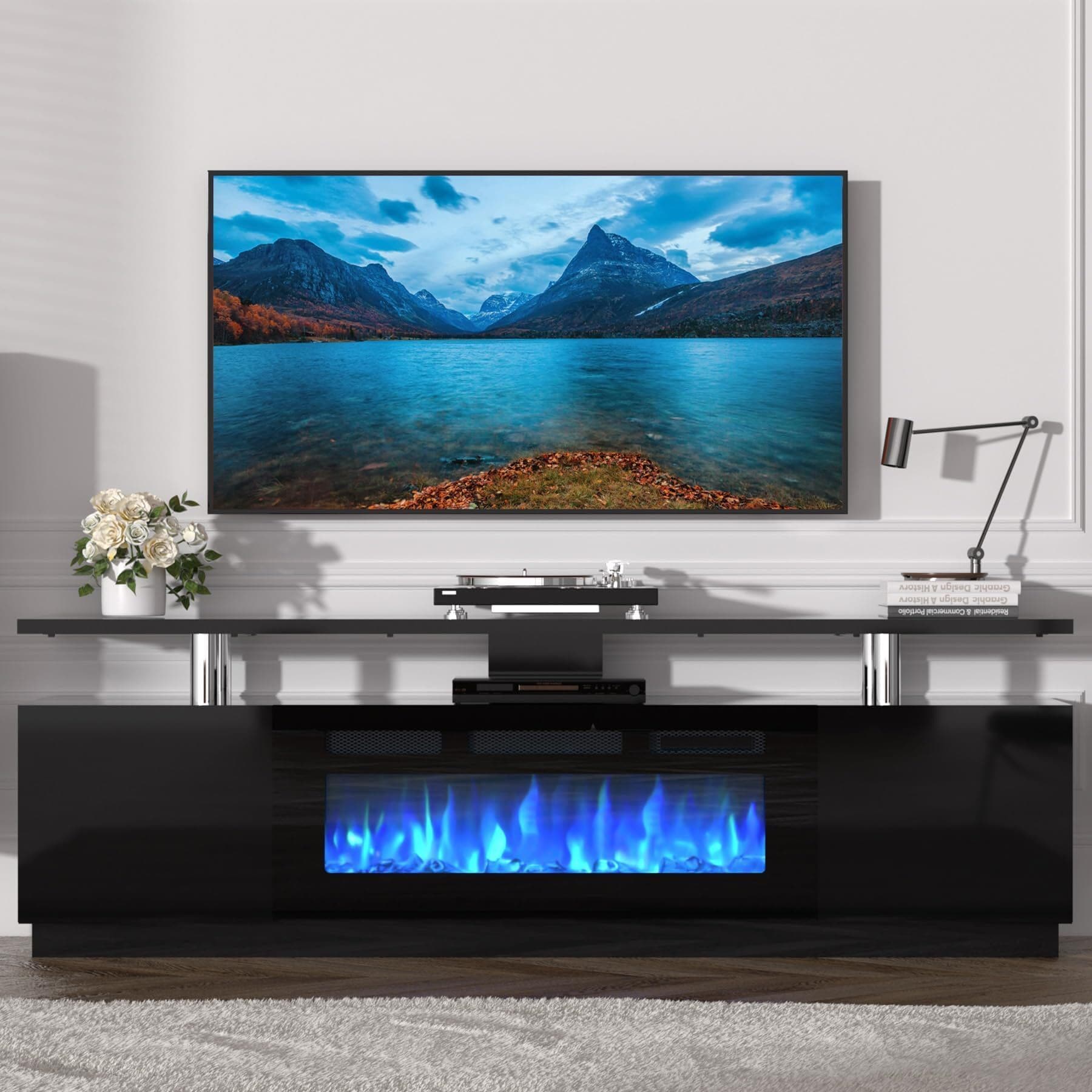 Qeetex VGX-PHK-34H9DHBA Fireplace TV Stand with 36 inch Fireplace 70 inch Entertainment Center 2 Tier TV Console Cabinet with Storage Cabinet Electric Fireplace Heater with LED Light and 12 Flame Colors Black