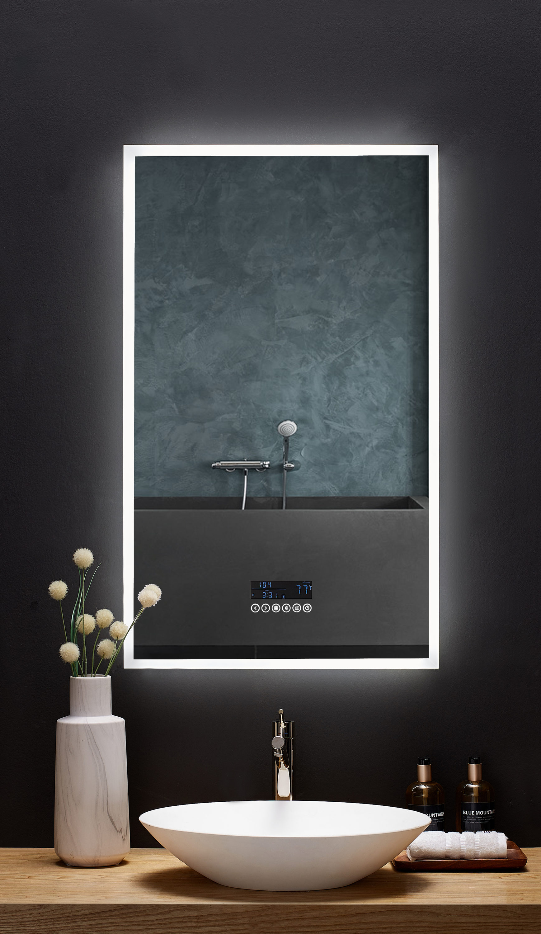 rectangular lighted bathroom mirror