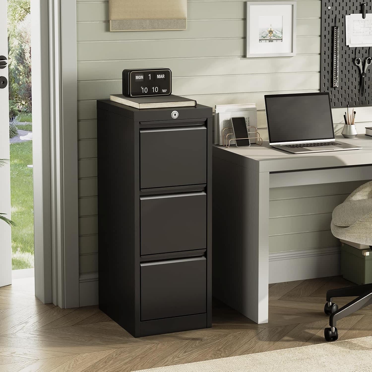 Qeetex LSHQQPTH-334JYQA7 3 Drawer File Cabinet  Metal File Cabinet with Lock  A4 File Cabinet with Fixed Tray  Black