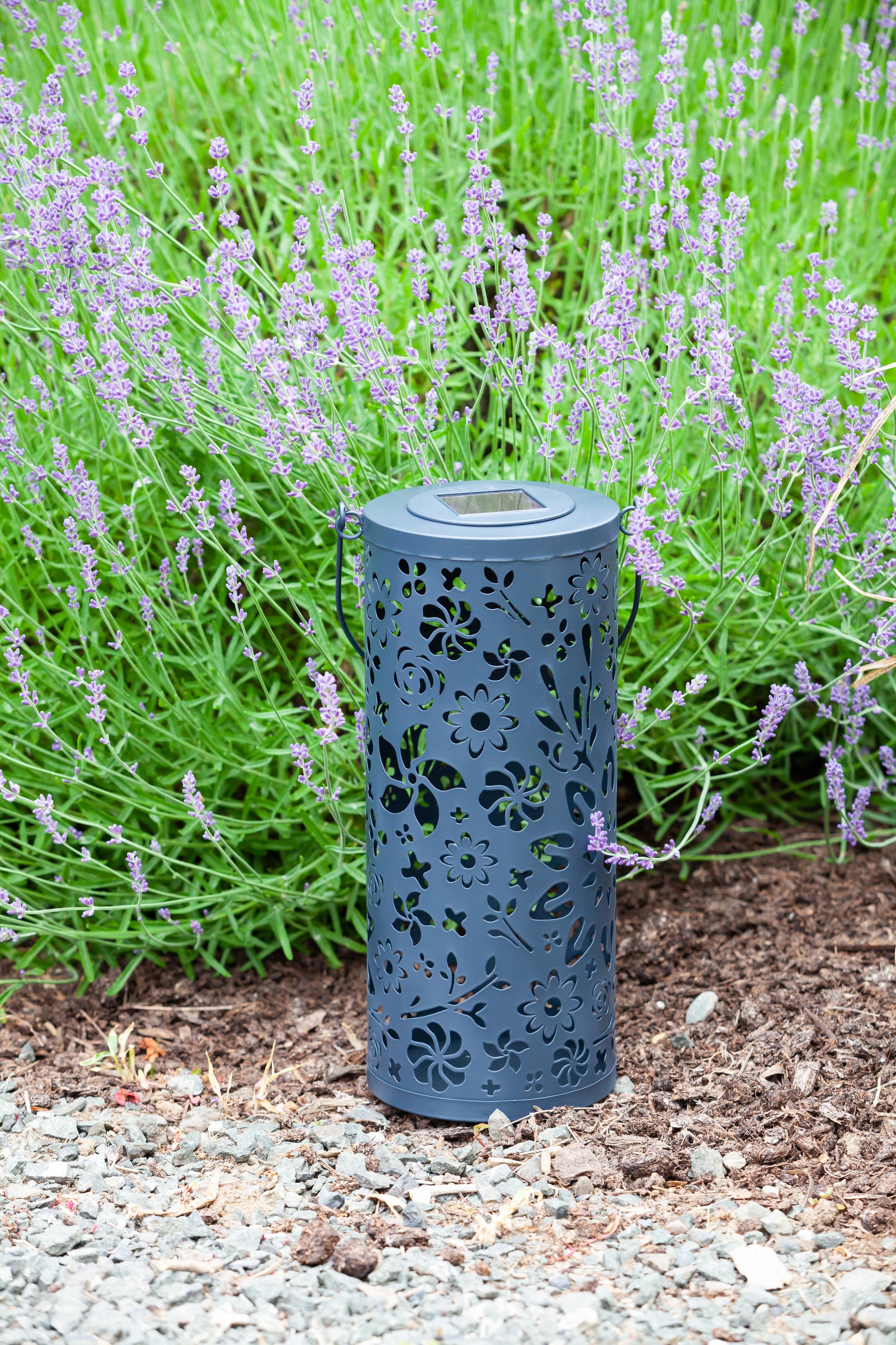 Midnight Blue Floral Punched Metal Solar Lantern