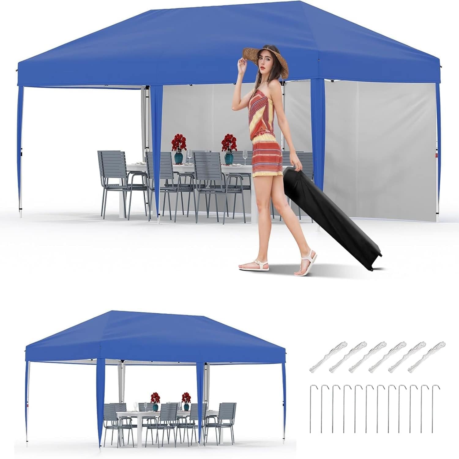 Qeetex LSHQQPHO-10SFRMQI 10x20 Heavy Duty Pop Up Canopy Tent with 2 SidewallsUV Protection Waterproof Steel Frame – Includes Roller Bag 4 Weight Bags 8 Stakes  6 Ropes Blue