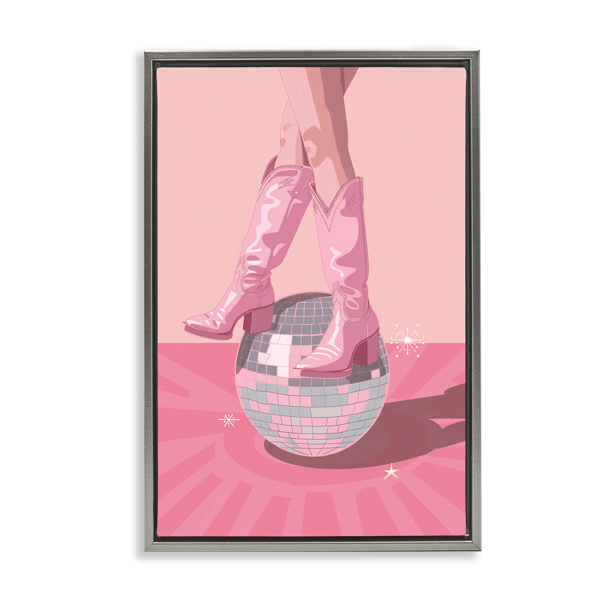Stupell Industries BT-681-FFL-16X24 Pink Disco Cowgirl Balancing Gray Framed Floater Canvas Wall Art By LSR Design Studio 17 x 25