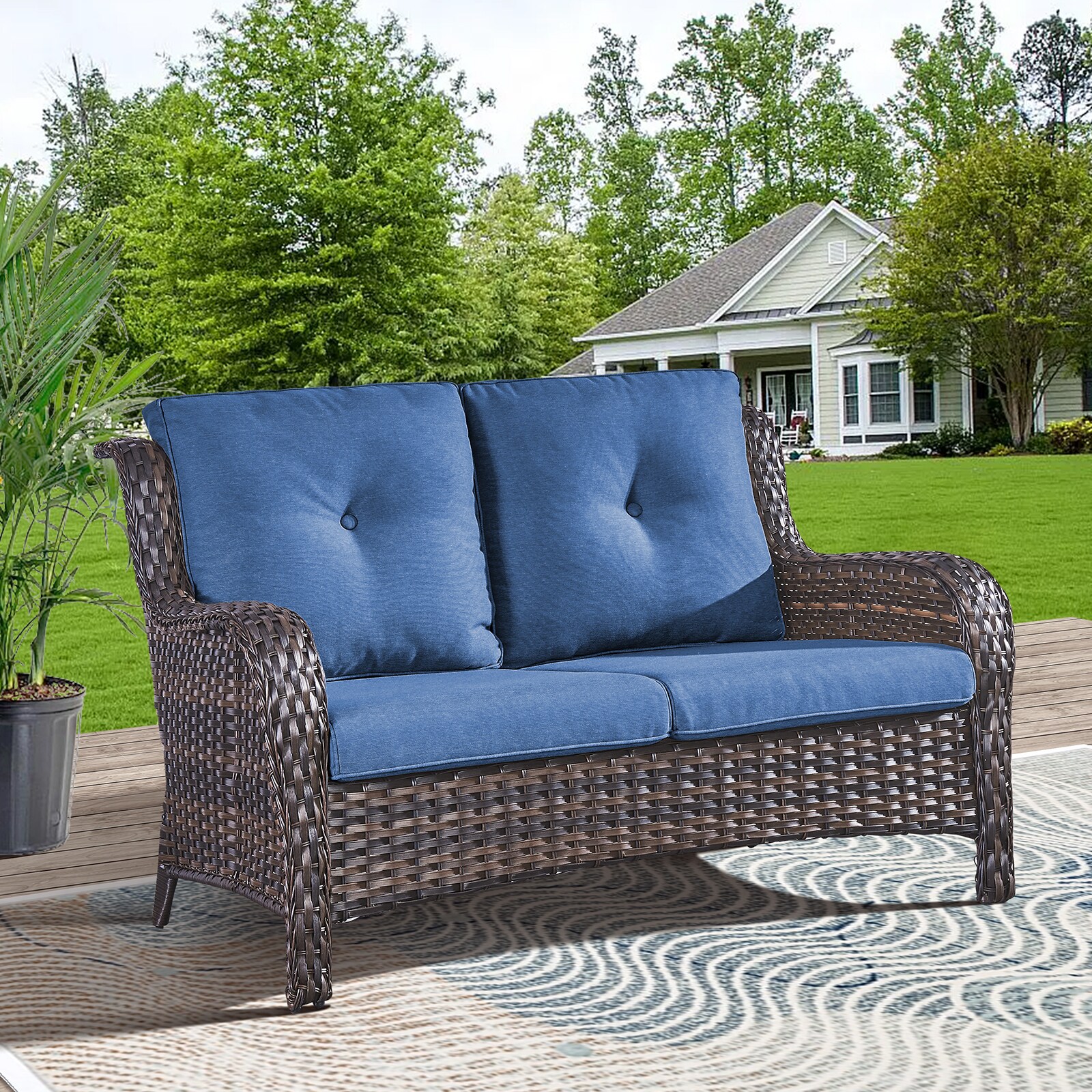  PA038-1 PACHAIRS-T Wicker Brown Steel Frame Stationary Conversation Chair with Navy Cushioned Seat