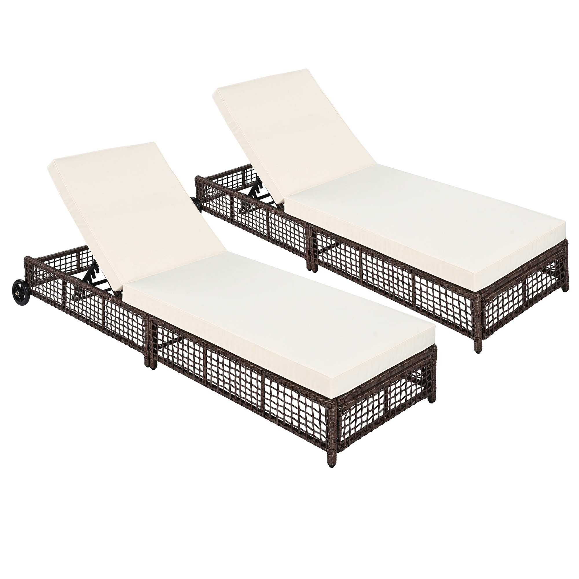 SINOFURN SYB840009BK Set of 2 Rattan Brown Iron Frame Stationary Chaise Lounge Chair with Beige Cushioned Seat