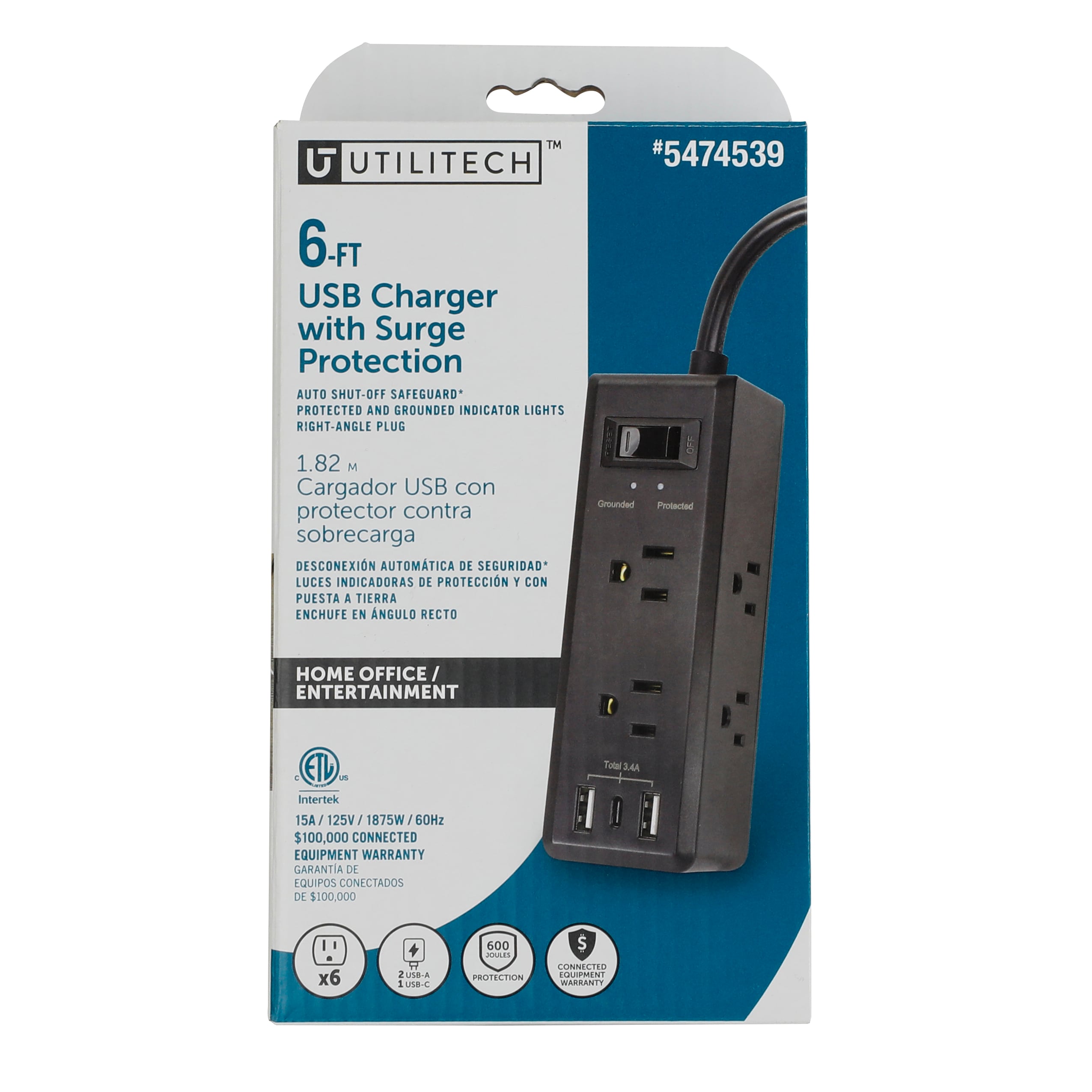 Utilitech 6-ft Surge Protection 6 -Outlet 600 Joules 1875 -Watts 1100VA Black Indoor USB AC Surge Protector #UTPBBUC032