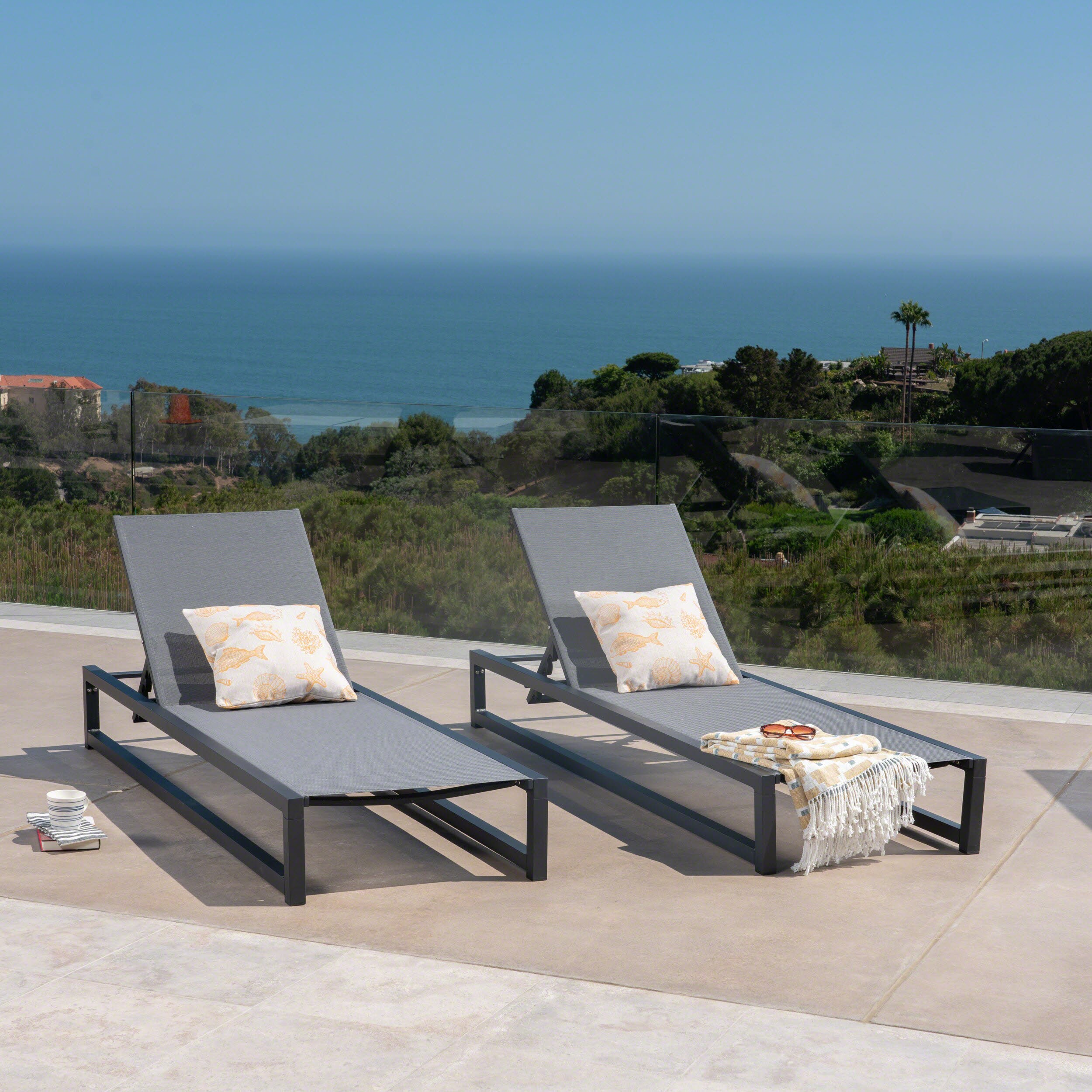 Black and Dark Gray Aluminum Mesh Armless Chaise Lounges, Set of 2