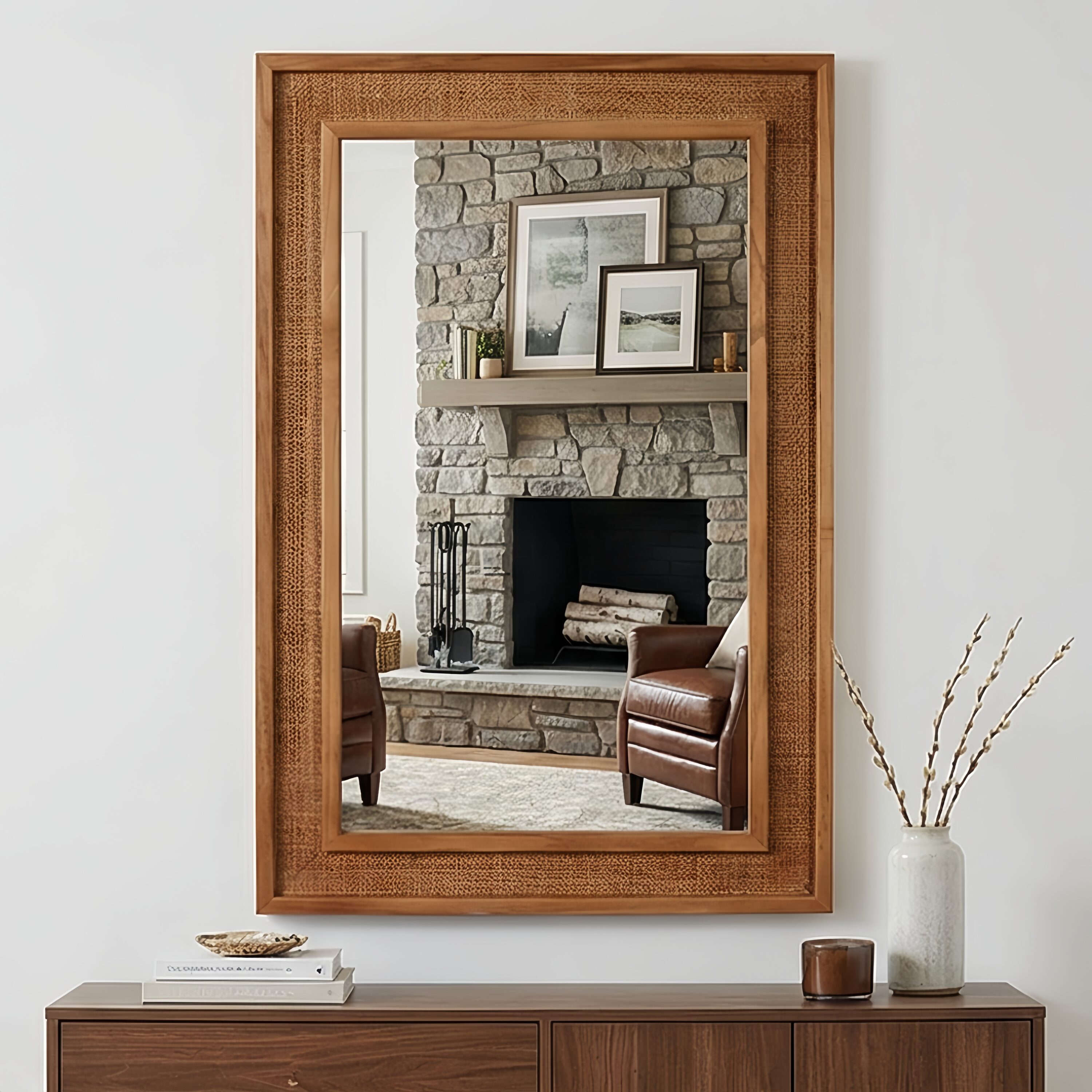 KTMBDW 24x36 Inch Wood Framed Wall Mirror -Rattan Rectangle Decorative Vanity Mirror for Bathroom Entryway (Brown)