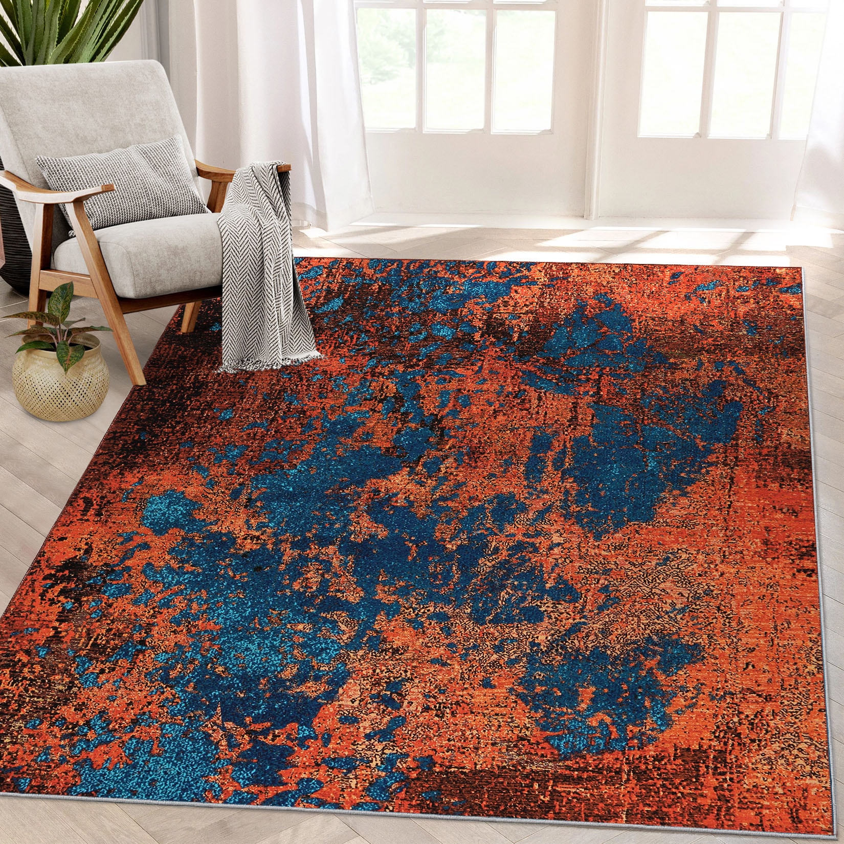 Garvee YXY-LO-PHO-0ZW35LEN 5 x 7 (ft) Polyester Blue/Red Rectangular Indoor Abstract Mid-Century Modern Machine washable Area rug