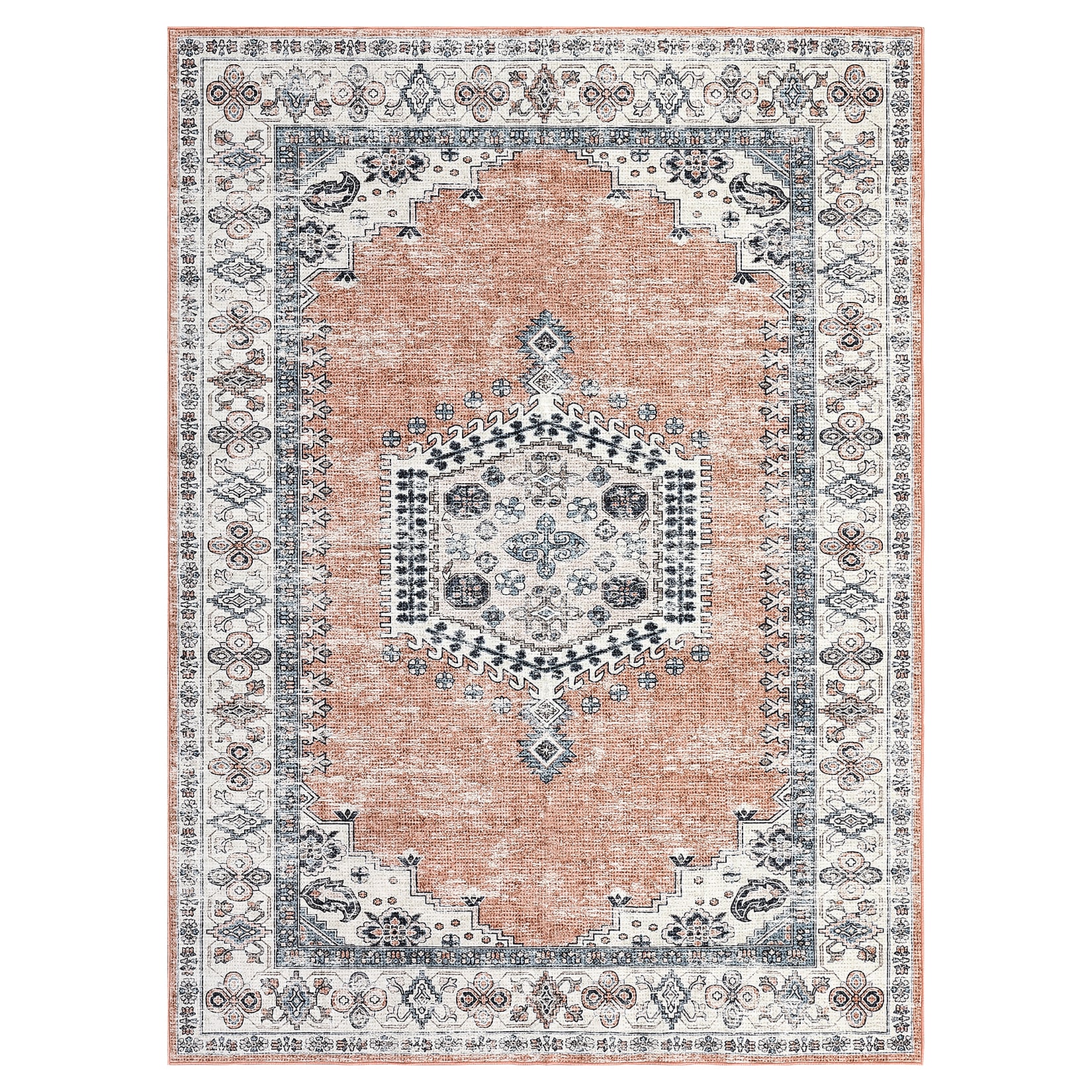 Qeetex LSN-PHO-142WF4V0 5 x 7 ft Polyester Imitation Cashmere Orange Rectangular Hallway Bathroom Entryway Kitchen Office Foldable Flower Printed Persian Washable Area Rug