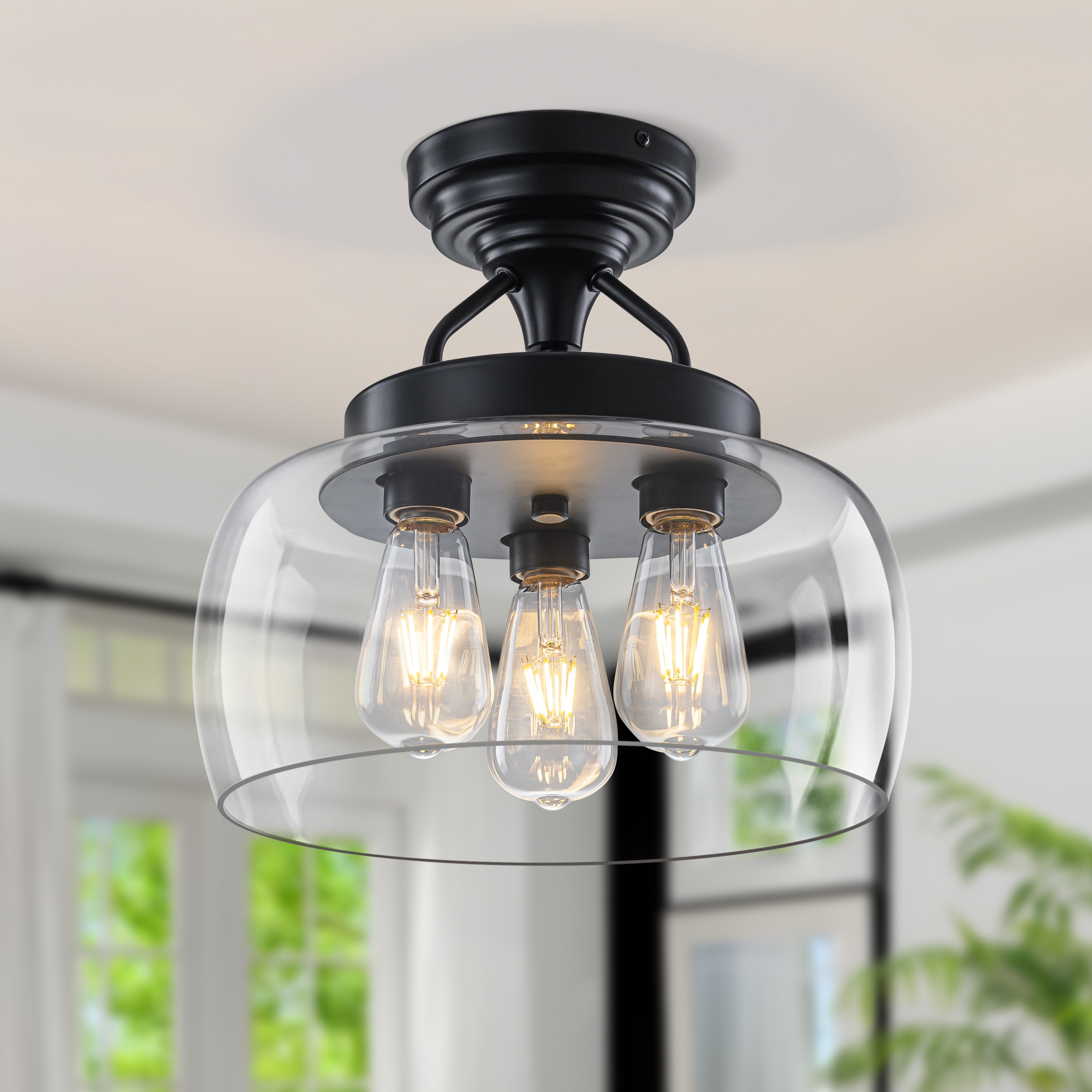 GoYeel 13.8-in Black Indoor 3 -Light Flush Mount Light with Clear Glass