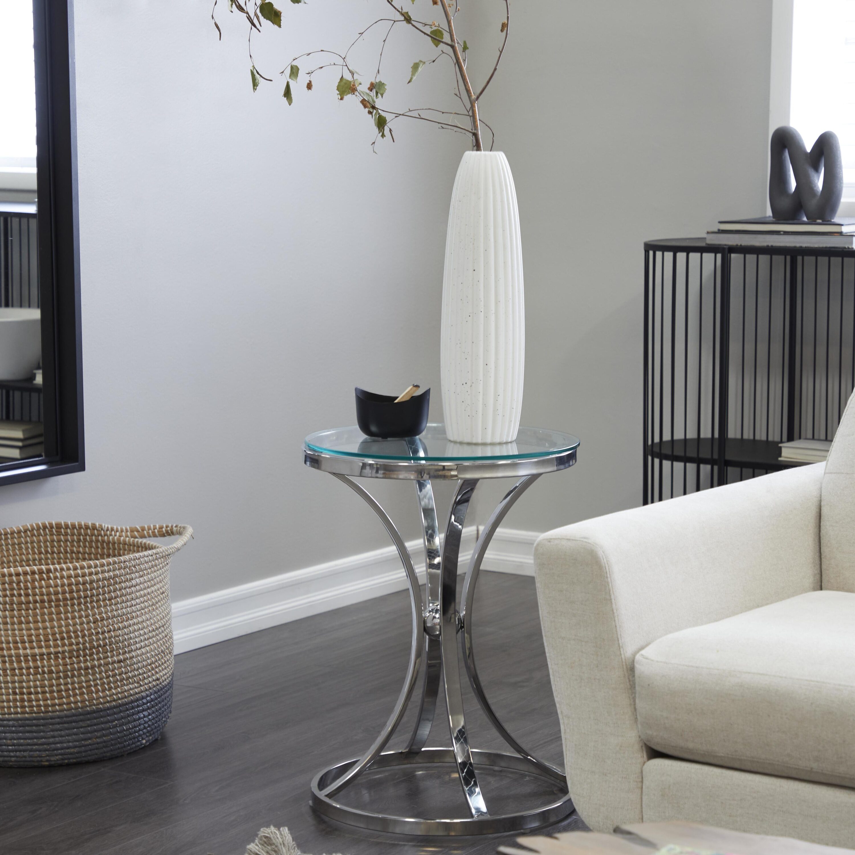 Grayson Lane 59689 18-Inches W x 25-Inches H Silver Hourglass Shaped Stand with Clear Glass Top Glass Round Modern End Table