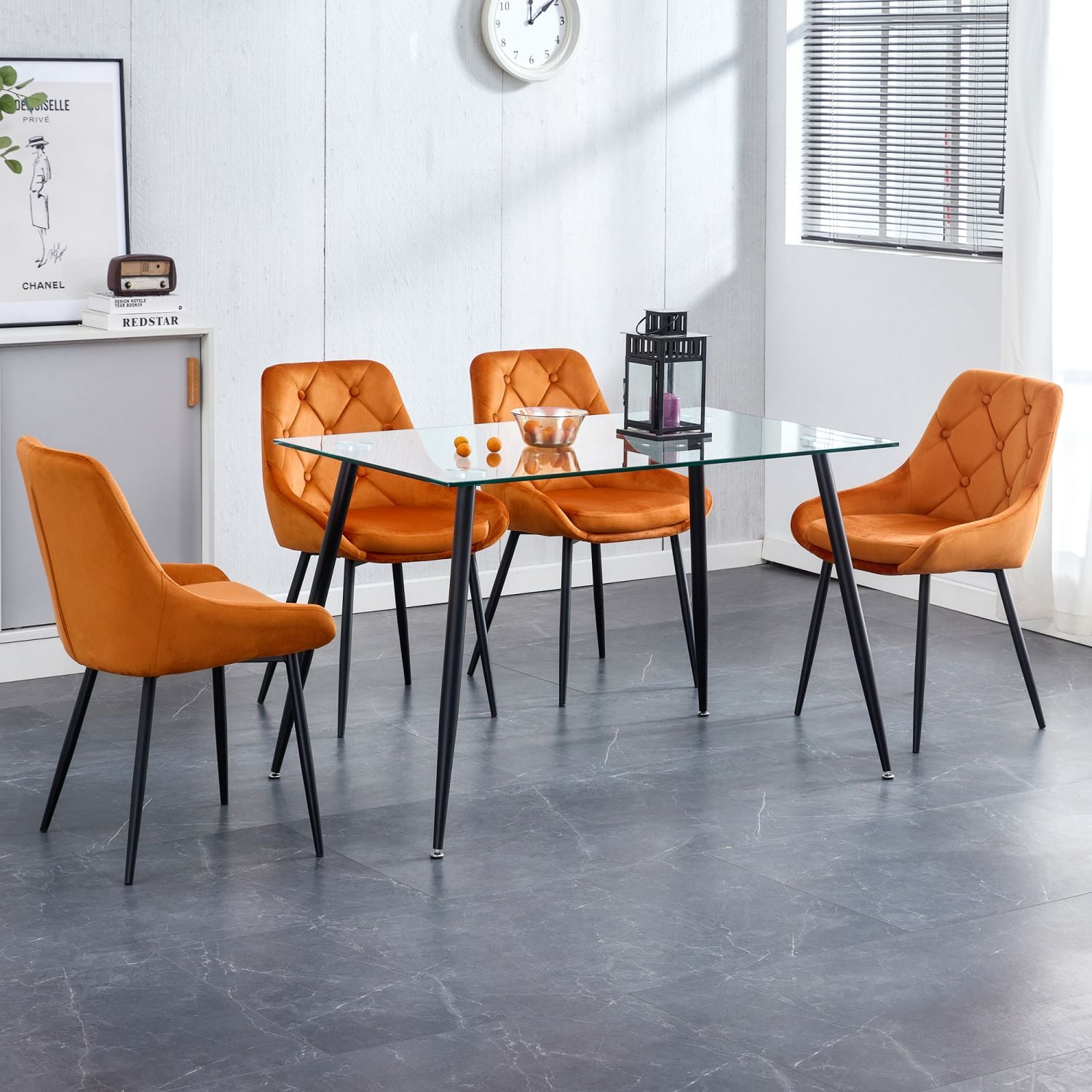 JASMODER W210S00008 Kitchen Dining Room Metal Legs Glass Table Set With 4 Pcs Orange Velvet Fabric Dining Chairs