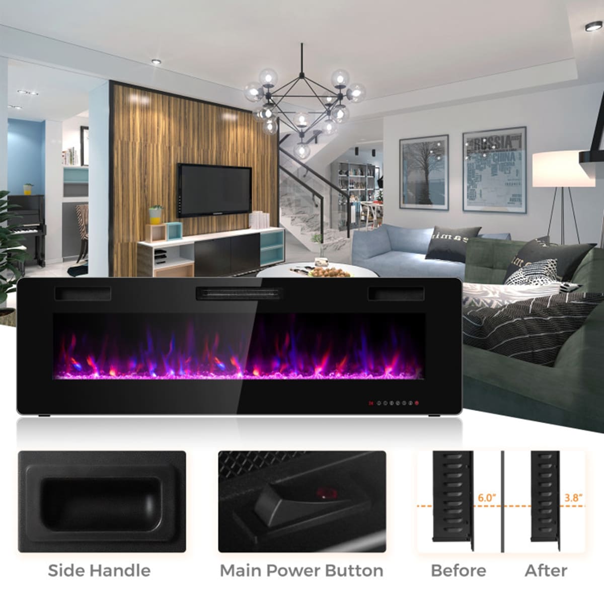 Clihome 60-in W Black Fan-forced Wall-mount Electric Fireplace with ...