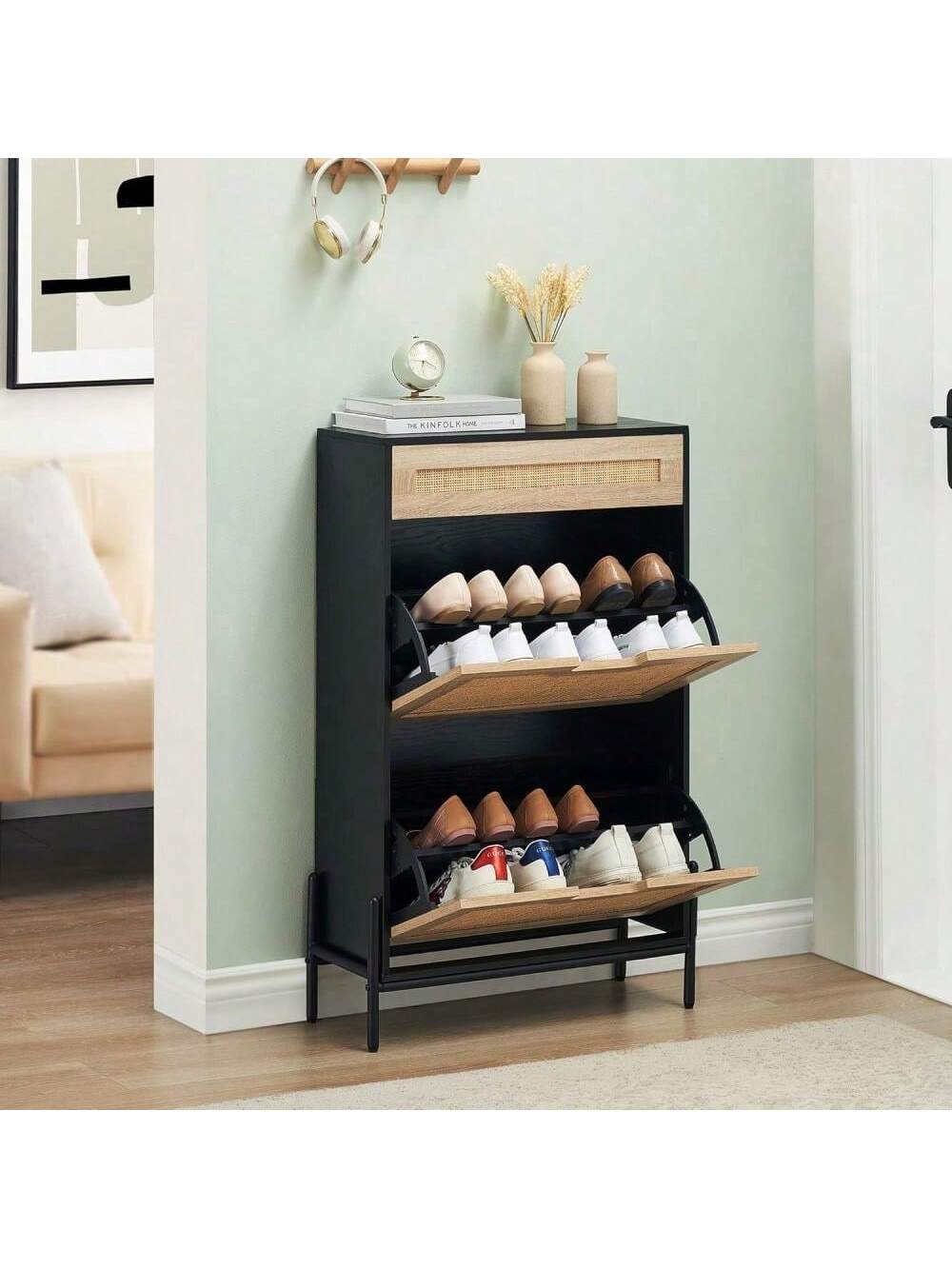 Qeetex PHO-0Y1UZAQS-HF4 Black 3 layer rattan shoe cabinet with adjustable shoe storage compartment. hidden wooden shoe rack with 2 flip drawers and 1 drawer. freestanding shoe storage rack. multifunctional storage shoe cabinet